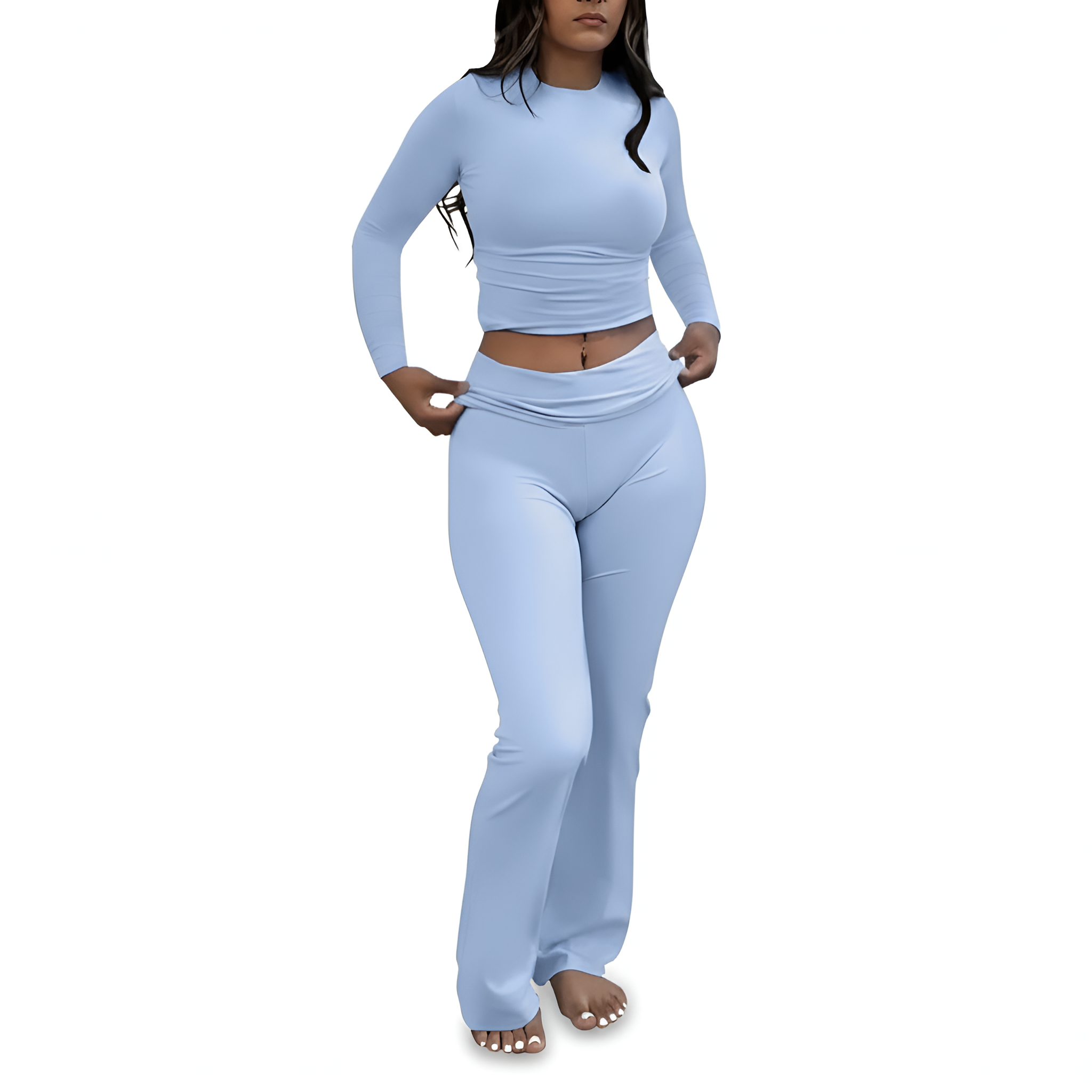 2 Piece Of Soft Lounge Wear Long Sleeve Top And Flared Pants Set For Women