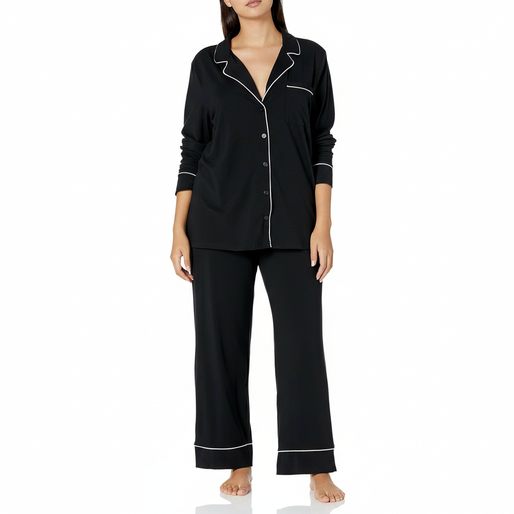 Long Sleeve Button Front Loungewear Pajama Set For Women