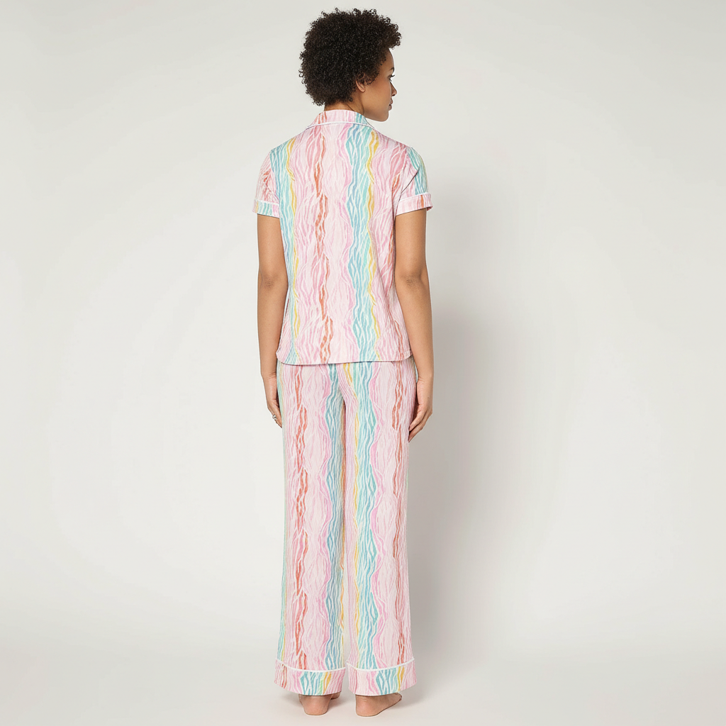 Two Piece Jersey Notch Collar Pajama Set With Short Sleeve Top For Women