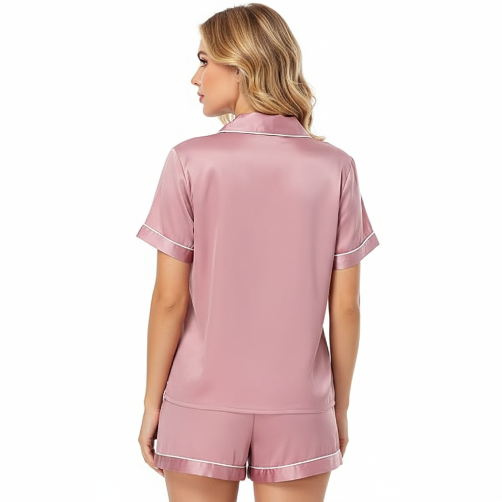 2 Piece Short Sleeve Button Down Top And Shorts Pajama Set For Women