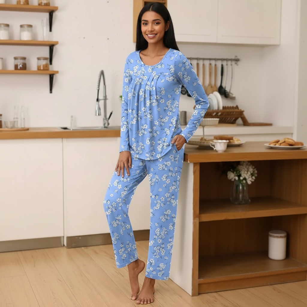 Long Sleeve Top And Loose Pants Two Piece Matching Pajama Set For Women