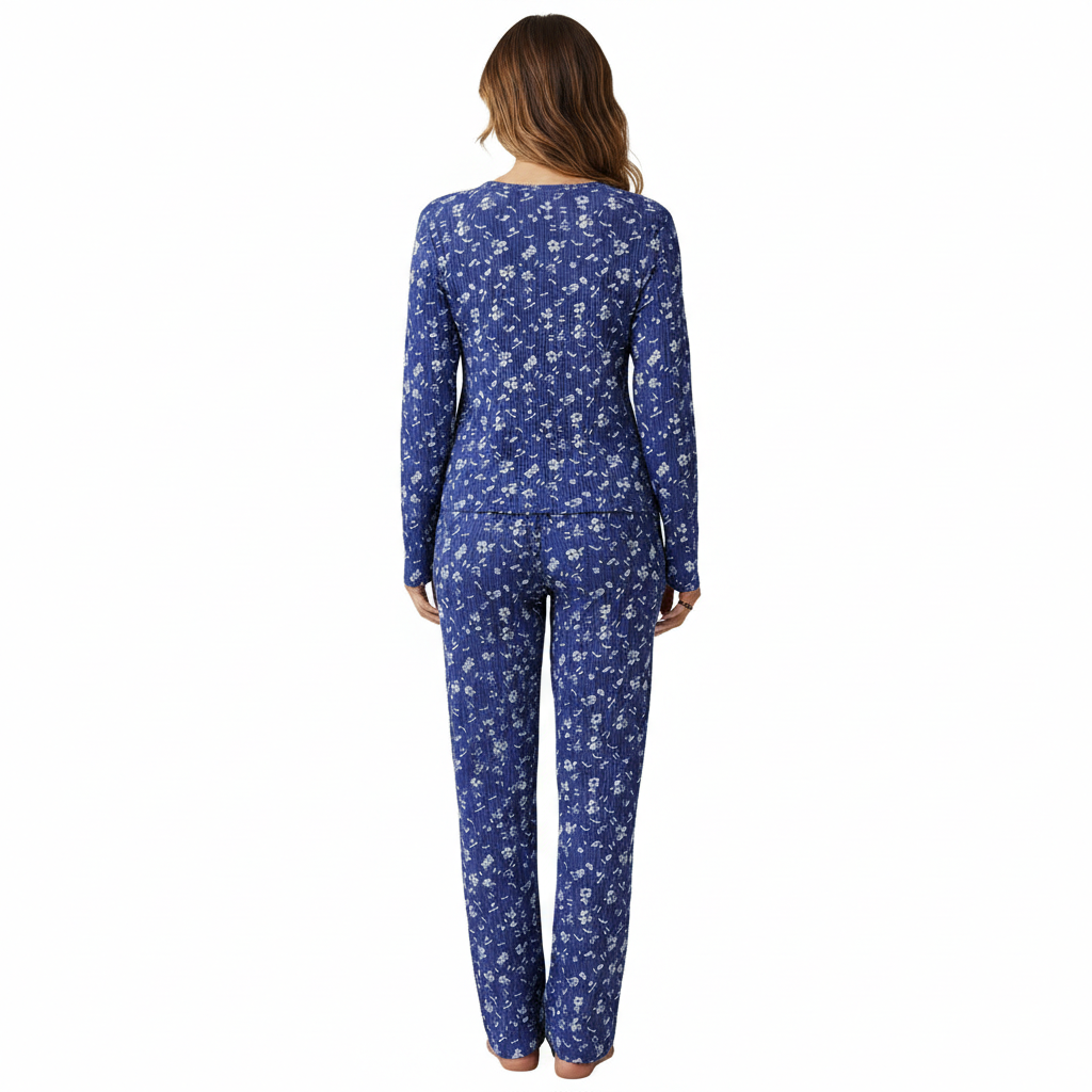 Waffle Knit Long Sleeve 2 Piece Lounge Wear Pajama Set For Women