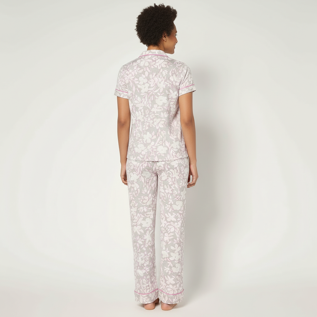 Two Piece Jersey Notch Collar Pajama Set With Short Sleeve Top For Women