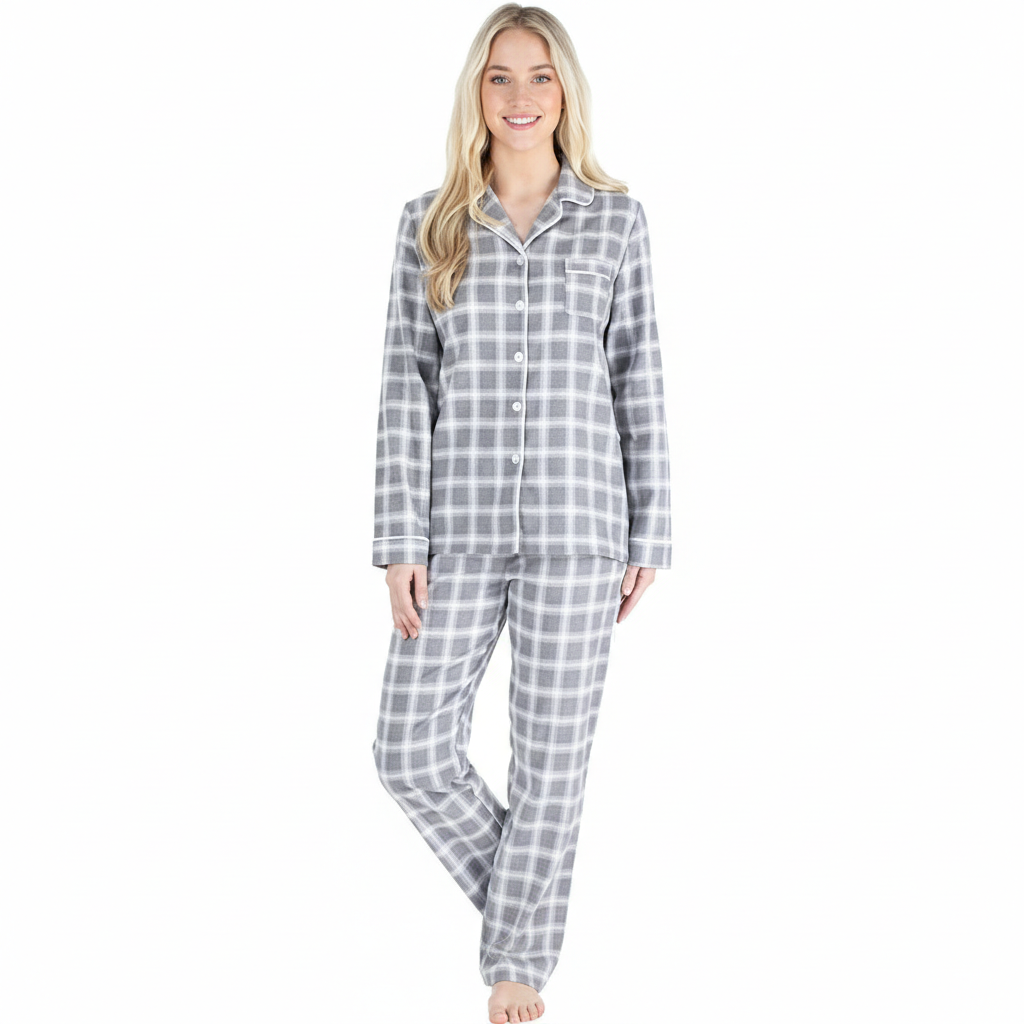 Flannel Button Down Long Sleeve Pajama Set For Women