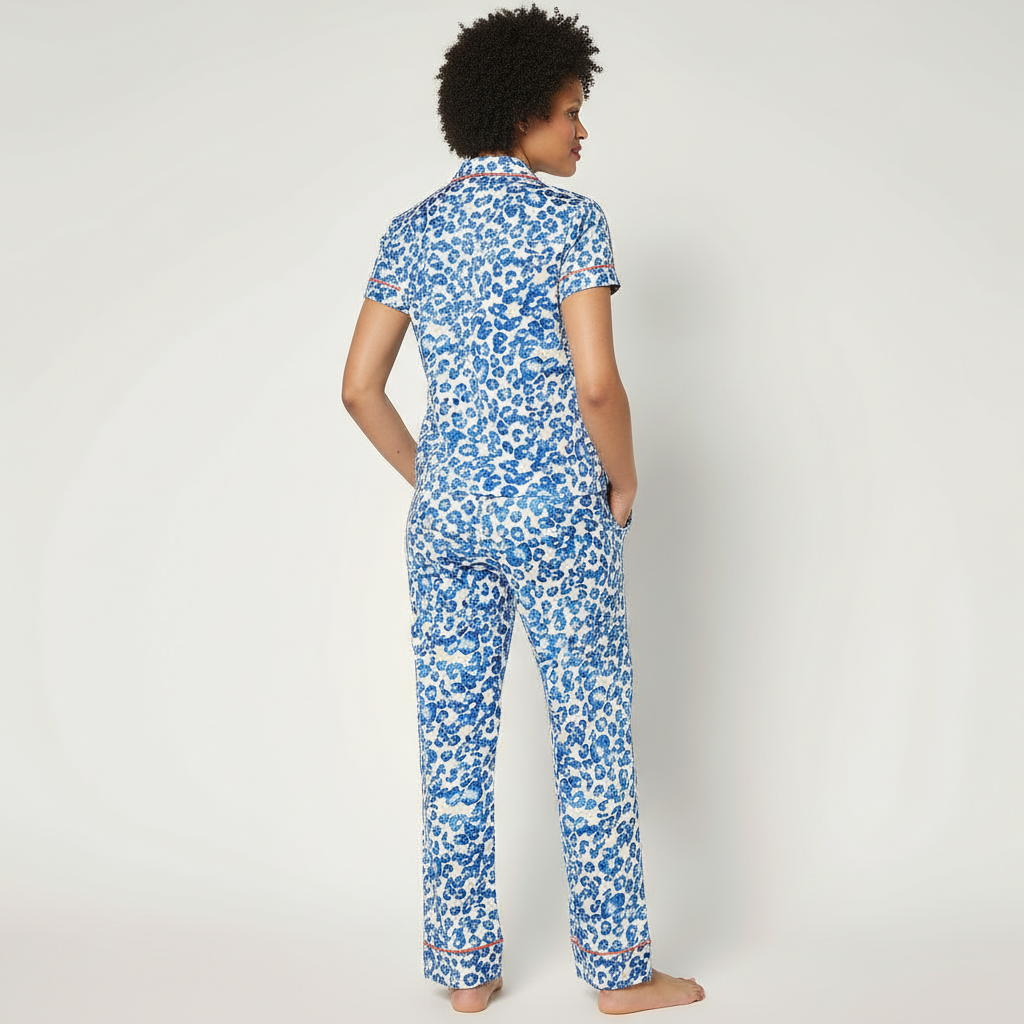 Two Piece Jersey Notch Collar Pajama Set With Short Sleeve Top For Women