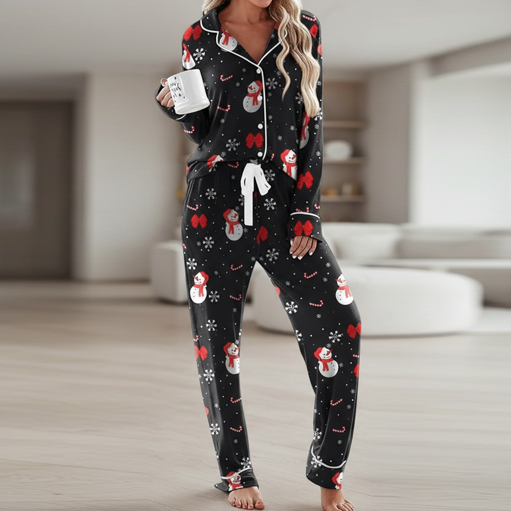 Soft Long Sleeve Pajama Set Button Front Sleepwear For Women