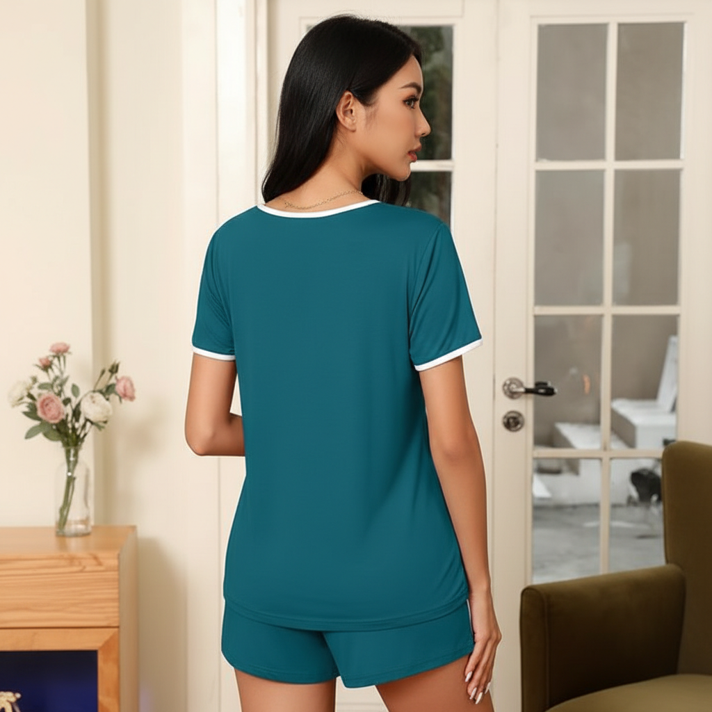 2 Piece Of Lightweight Pajama Set Short Sleeve Lounge Wear For Women