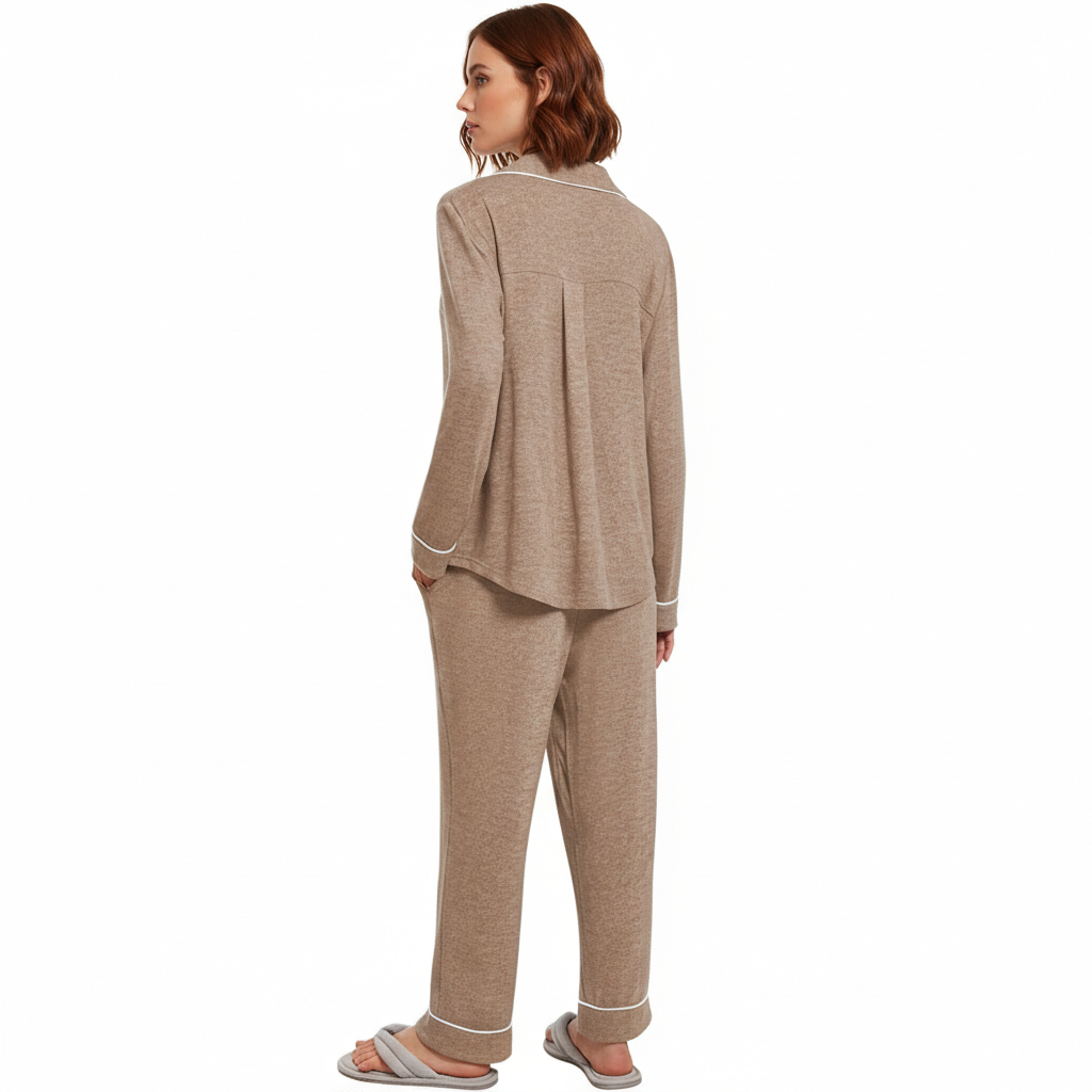 Soft Long Sleeve Pajama Set Button Front Sleepwear For Women