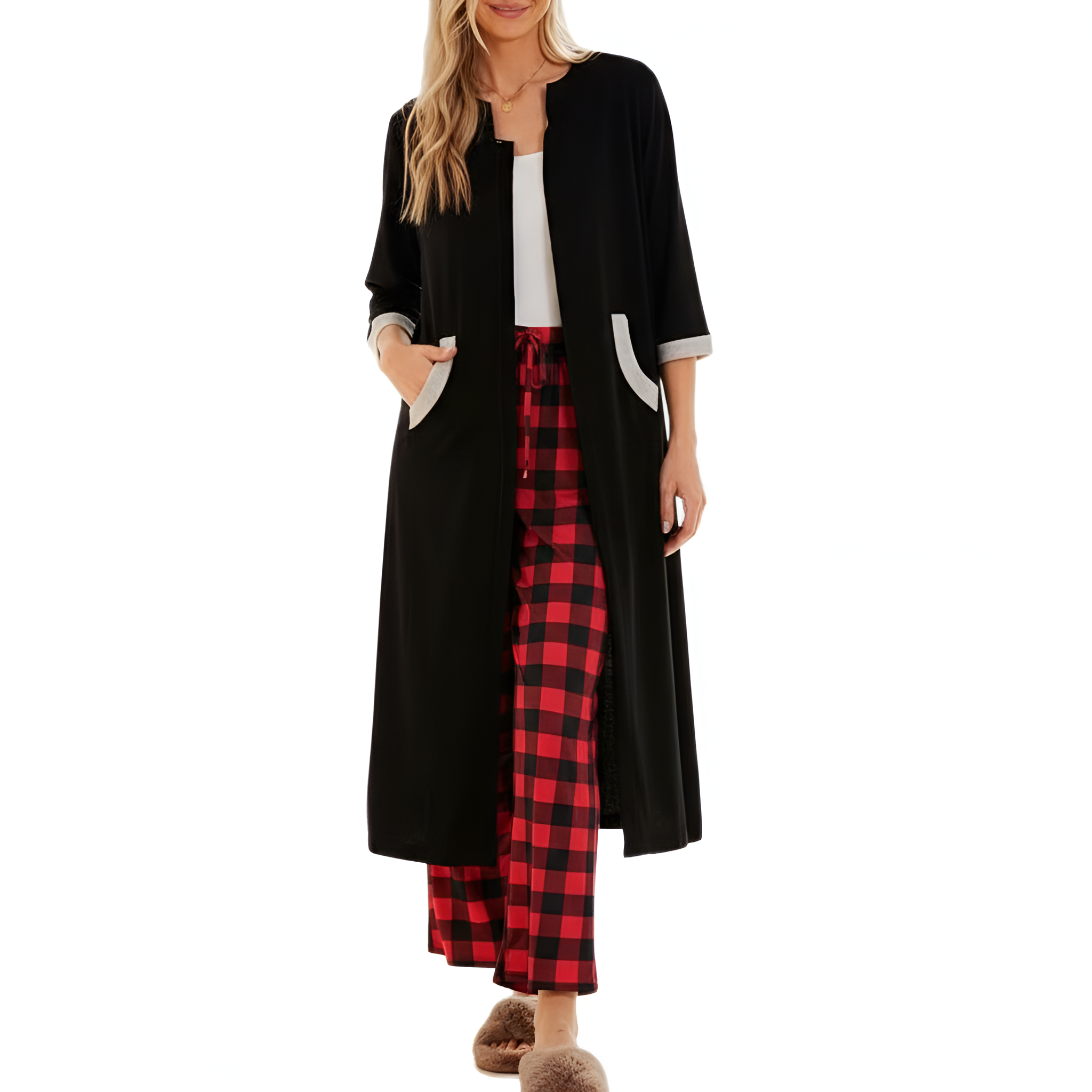 Women Zipper Robe Sleeves Loungewear Dress Full Length Sleepwear Pockets