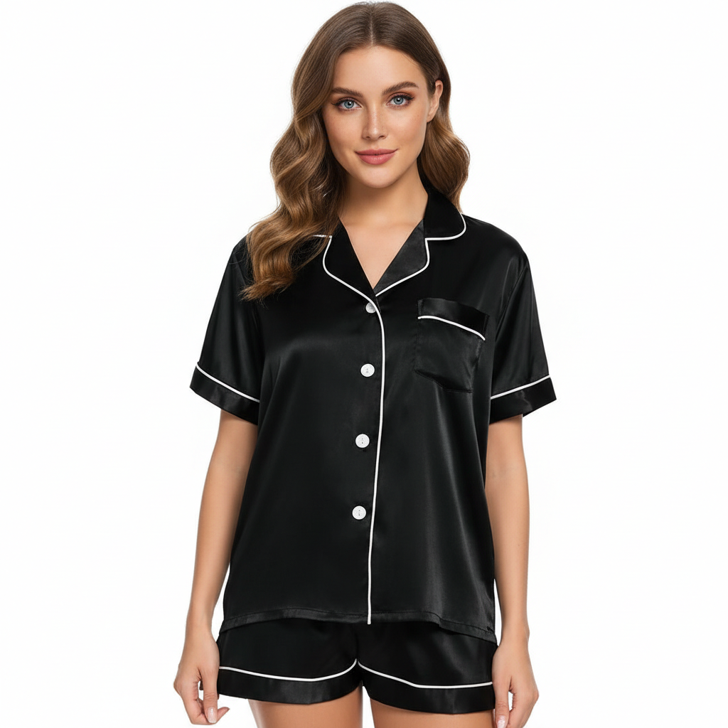 Two Piece Pajamas Set With Button Down Top And Shorts For Women