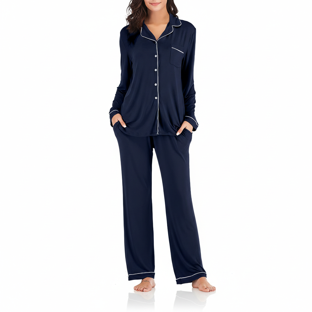 Long Sleeve Button Down Pajama Set Lounge Sleepwear For Women