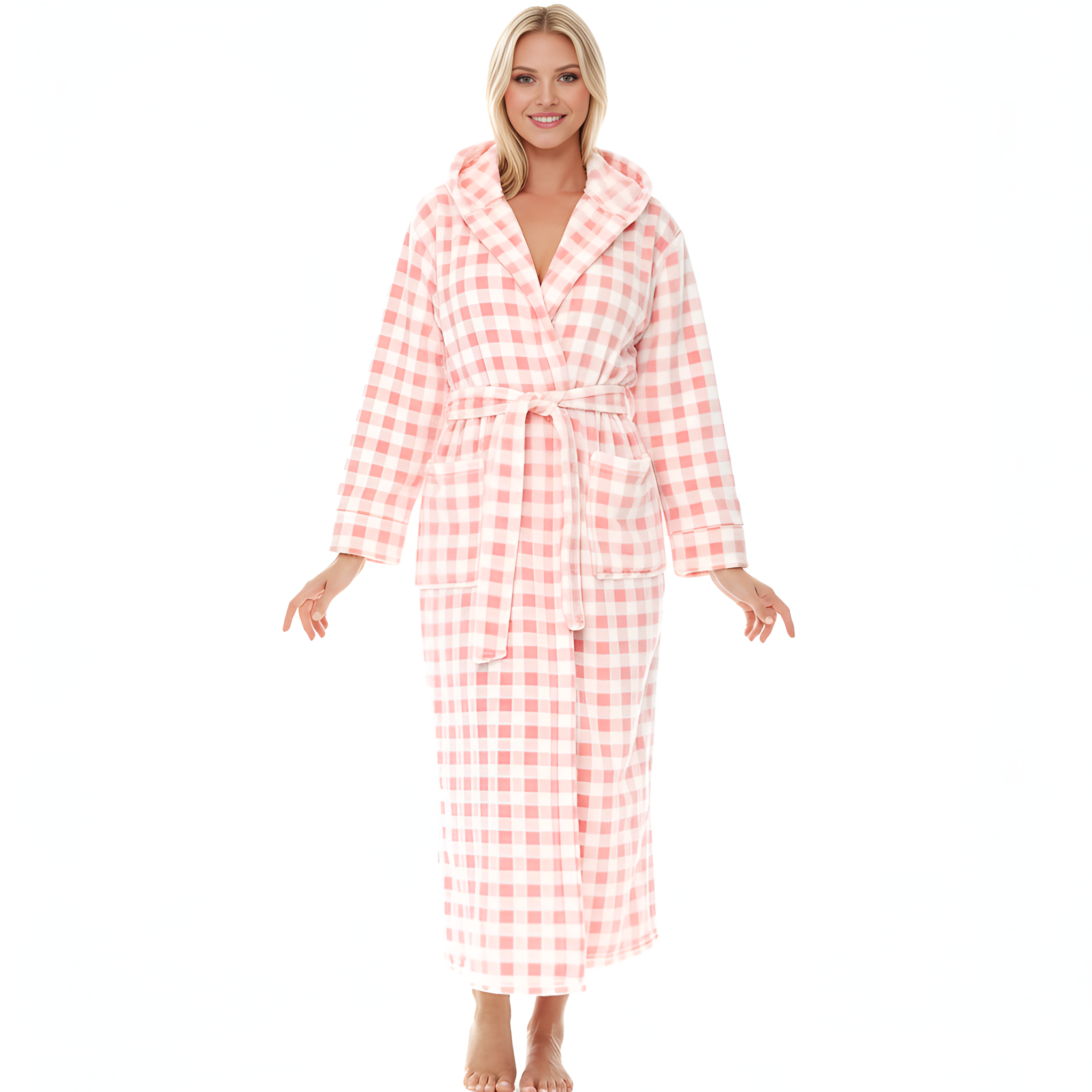 Full Length Hooded Plush Fleece Bathrobe With Belt For Women