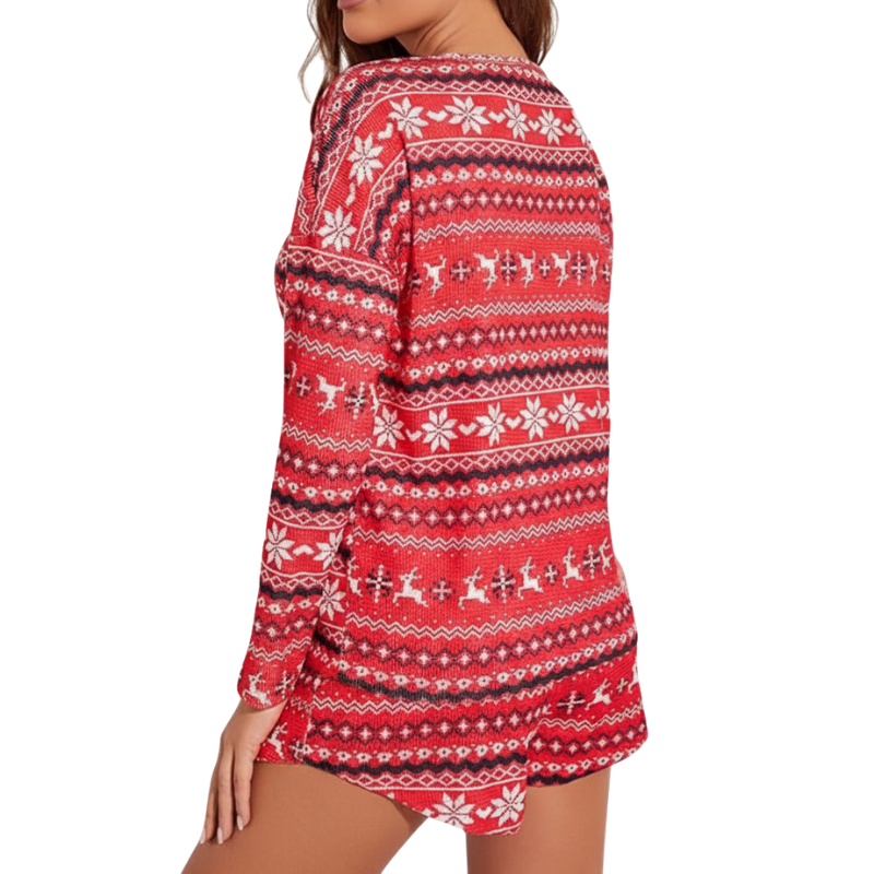 Waffle Knit Two Piece Lounge Set With Long Sleeve Top And Shorts