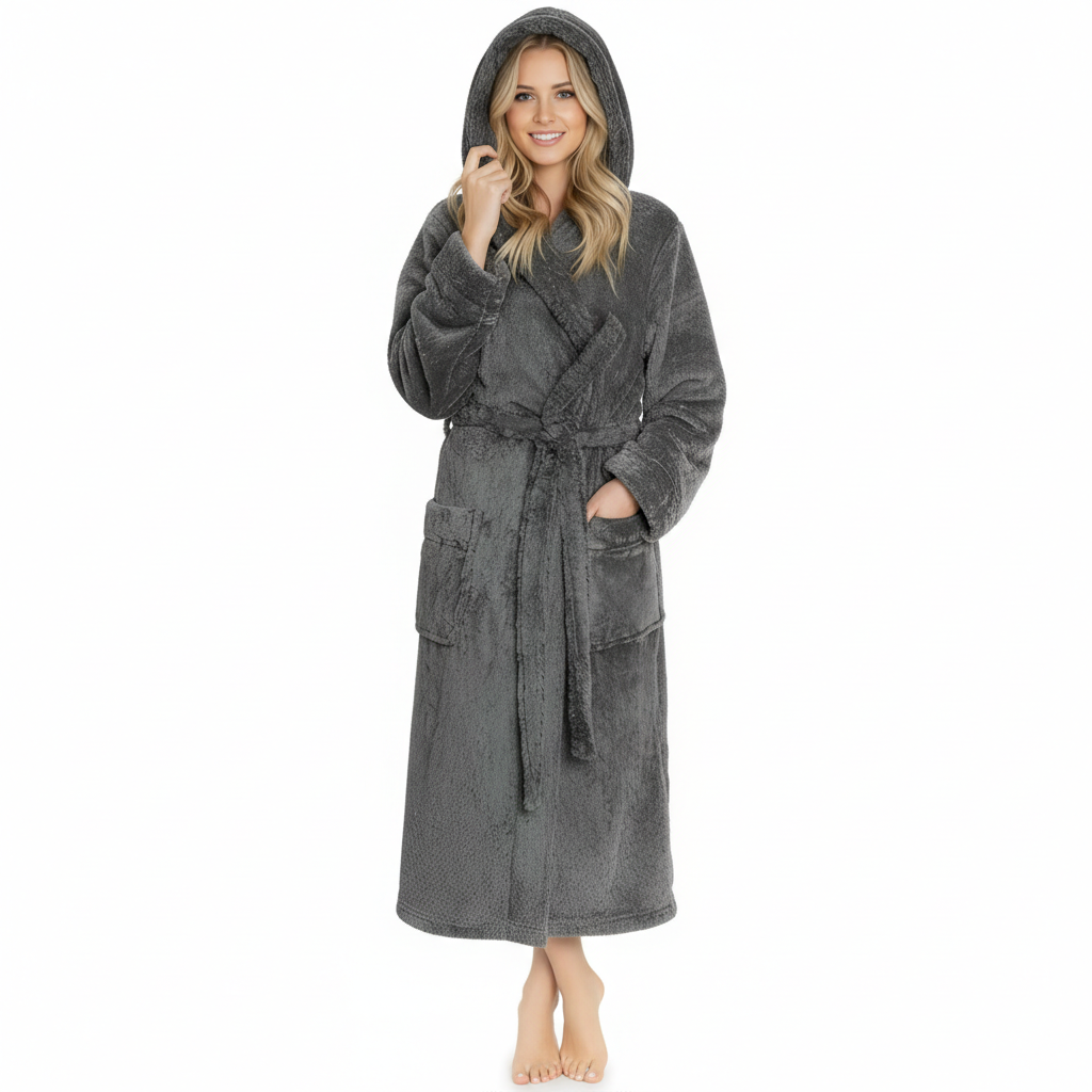 Hooded Plush Soft Robe With Warm Fleece For Women
