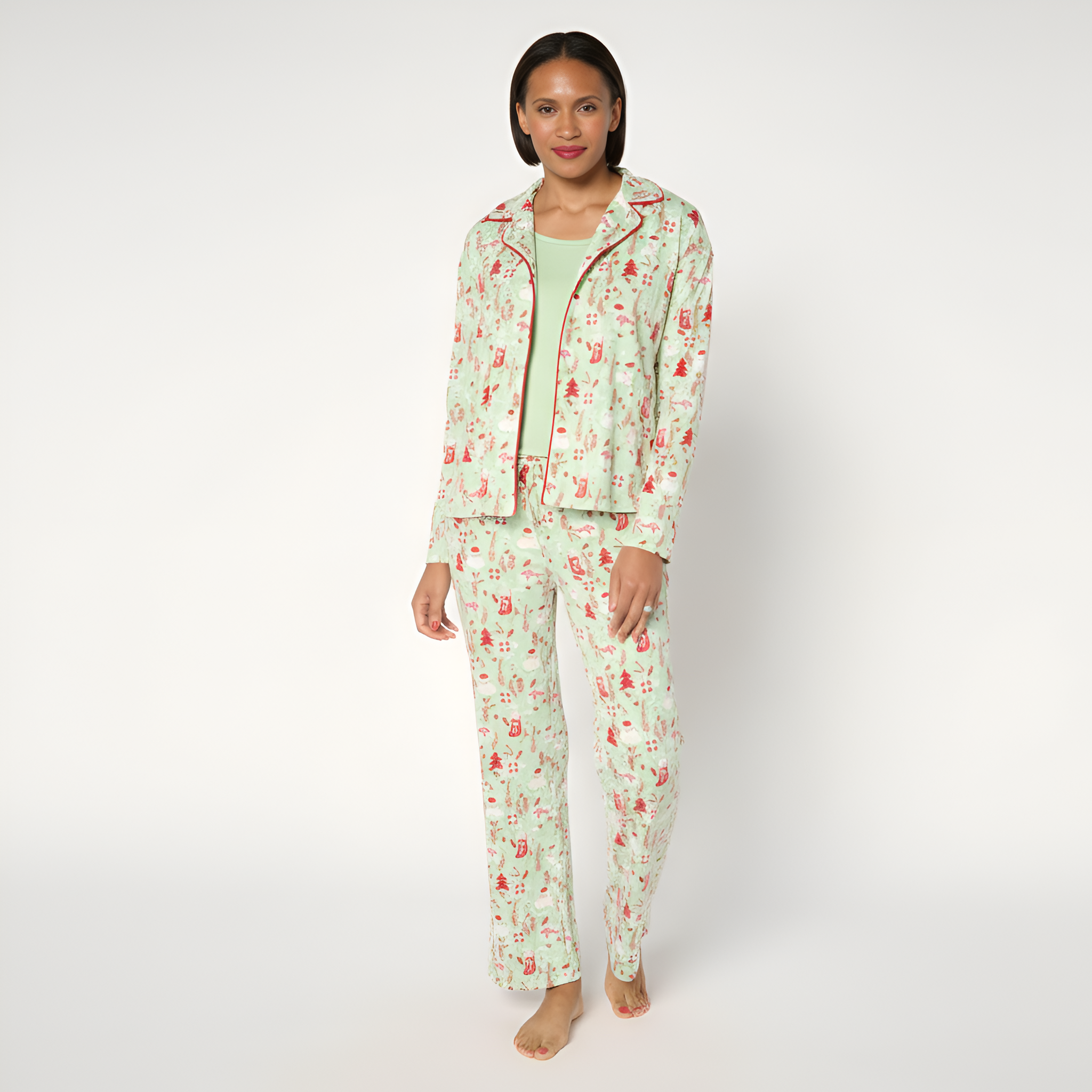 Petite Notch Collar Pajama Set With Matching Pants For Women