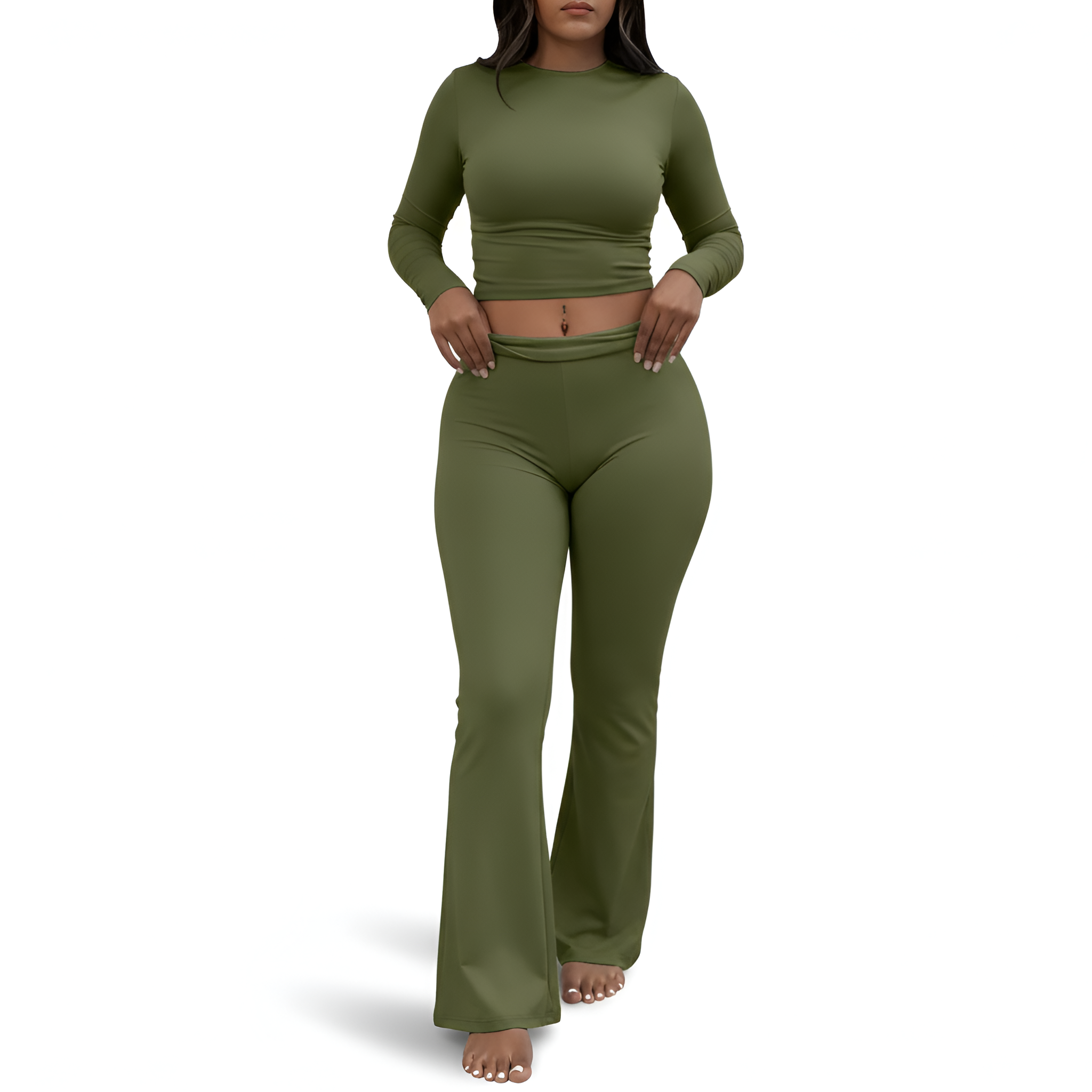 2 Piece Of Soft Lounge Wear Long Sleeve Top And Flared Pants Set For Women
