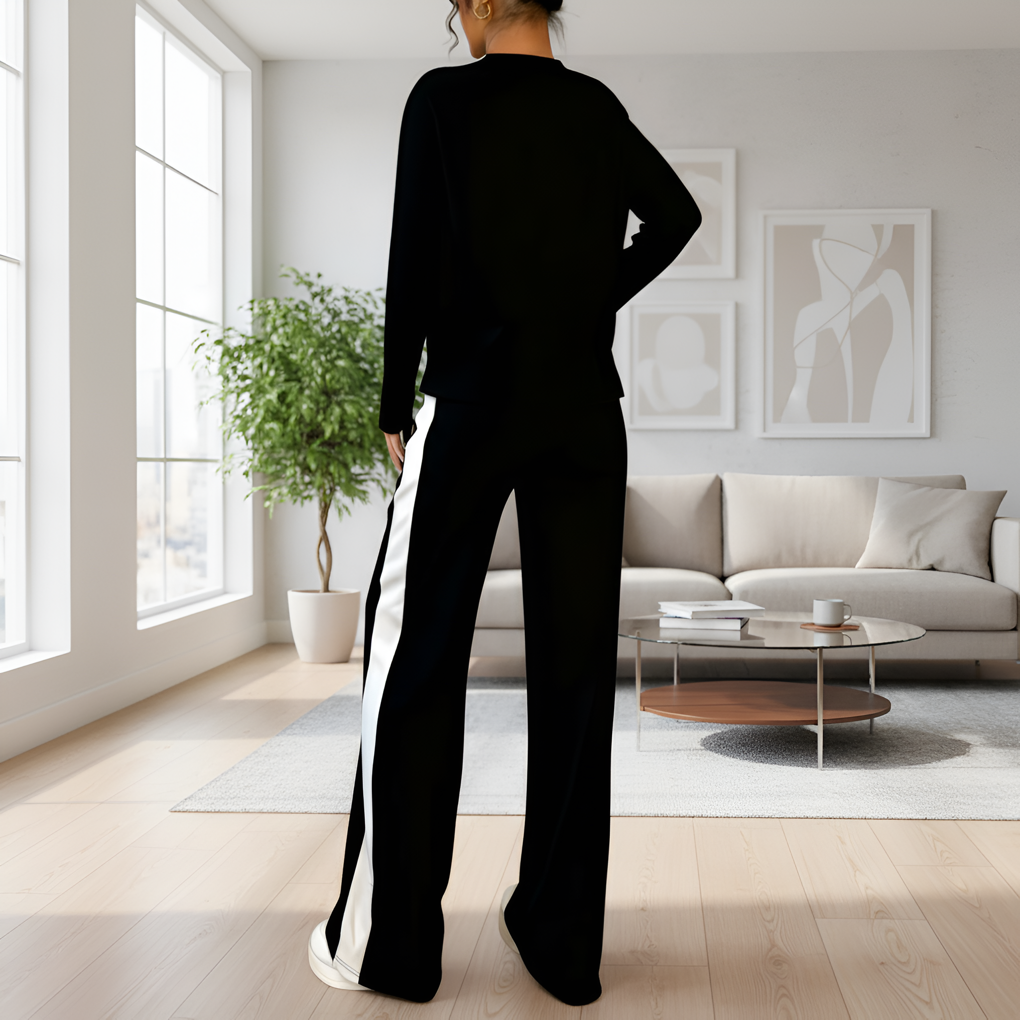 Two Piece Set With Striped Long Sleeve Top And Matching Trousers For Women