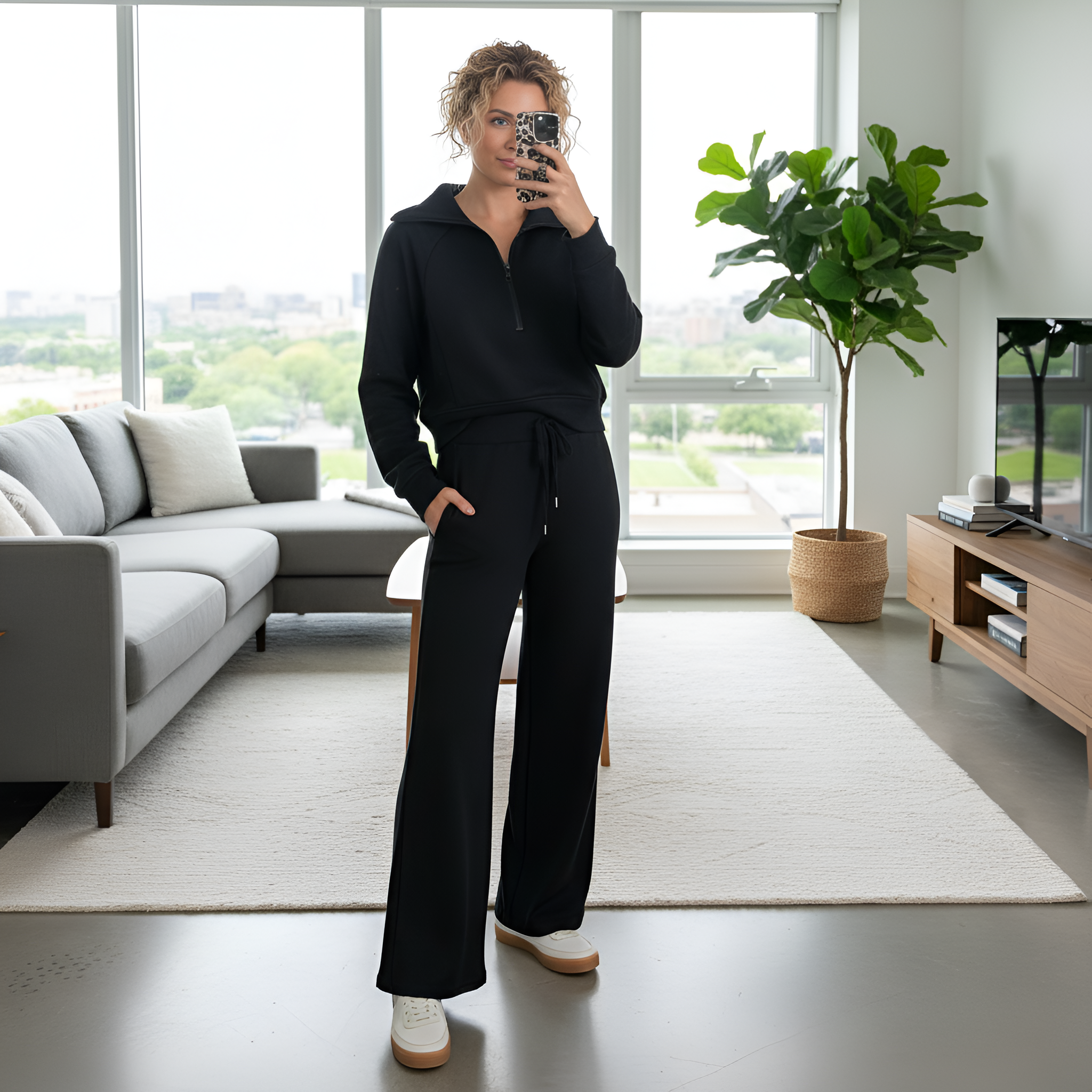 Two Piece Casual Set With Half Zip Collar Top And Matching Drawstring Pants For Women