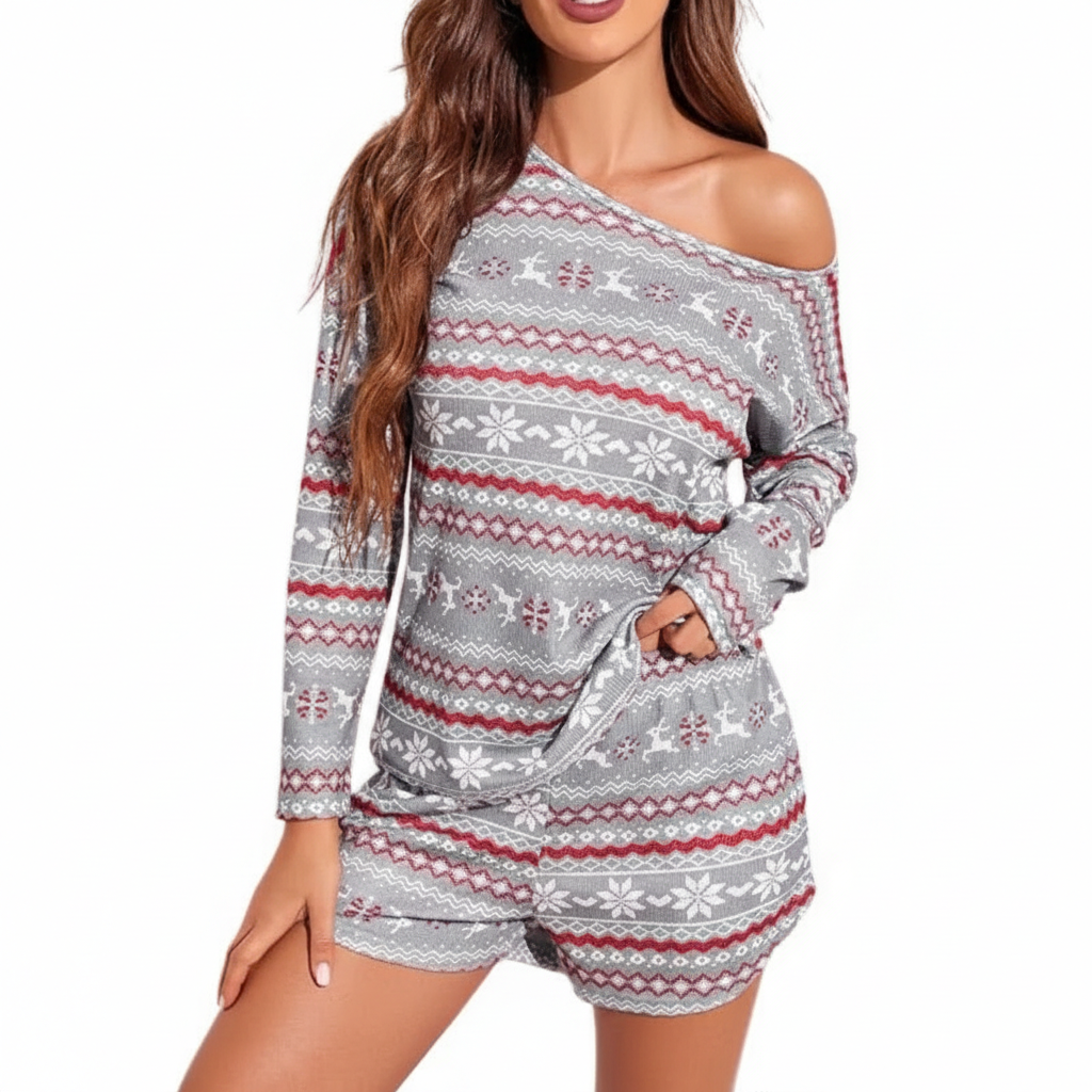 Waffle Knit Two Piece Lounge Set With Long Sleeve Top And Shorts