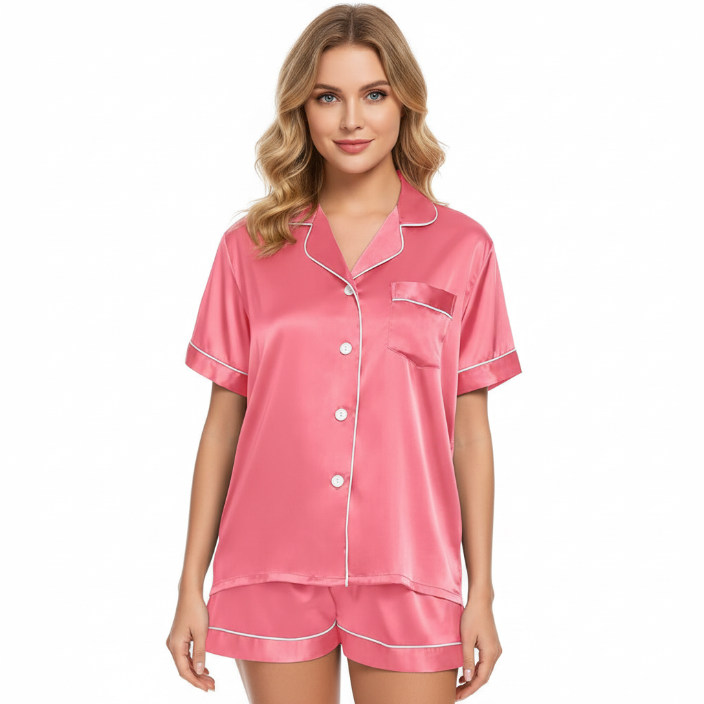 Two Piece Pajamas Set With Button Down Top And Shorts For Women