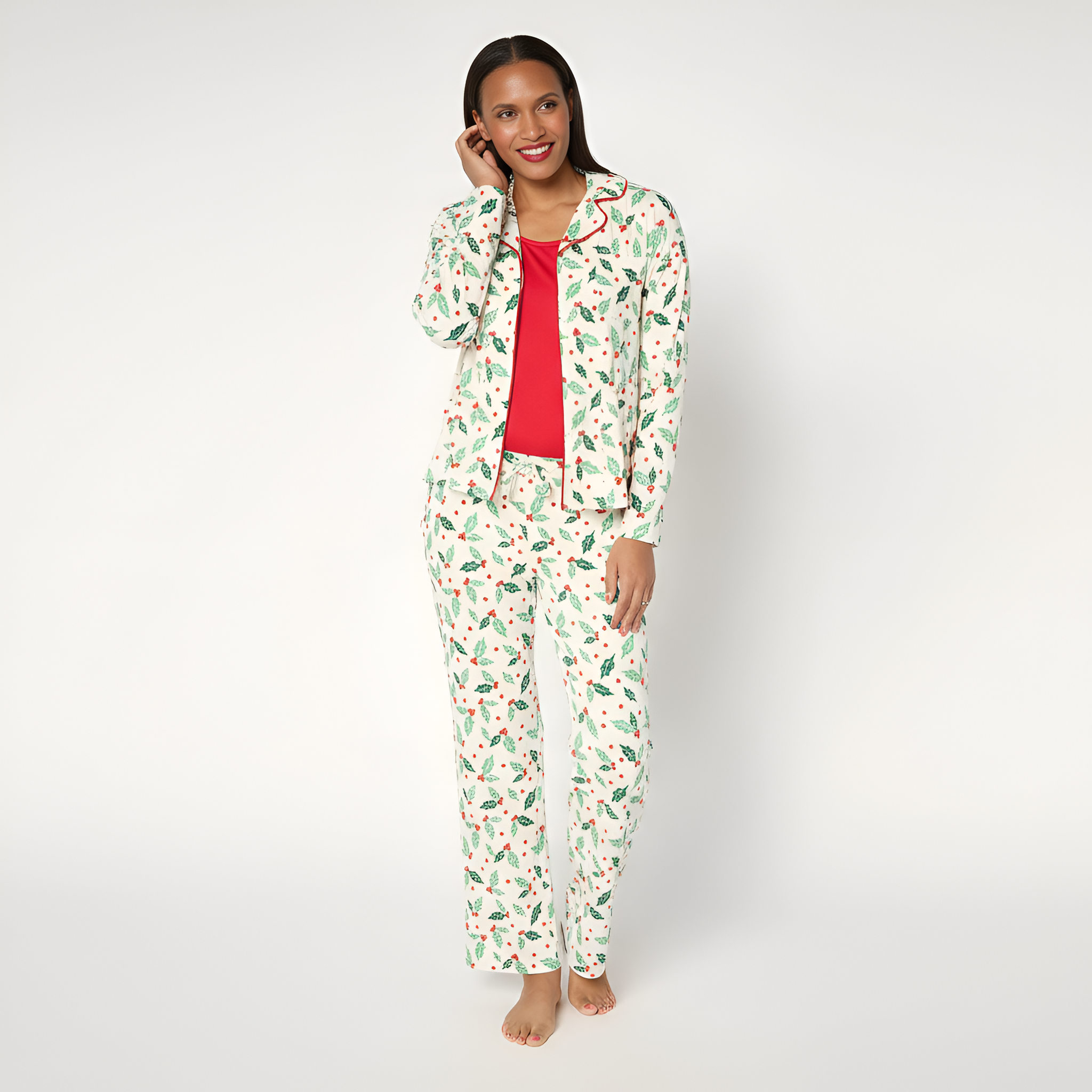 Petite Notch Collar Pajama Set With Matching Pants For Women