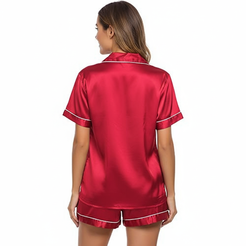 Two Piece Pajamas Set With Button Down Top And Shorts For Women