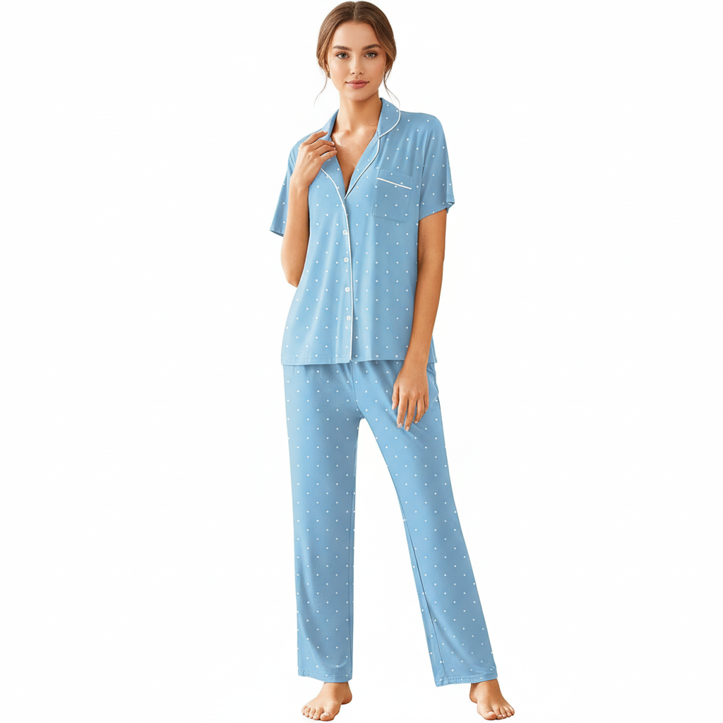 Pajamas Set With Notch Collar Button Down Top And Long Pants For Women