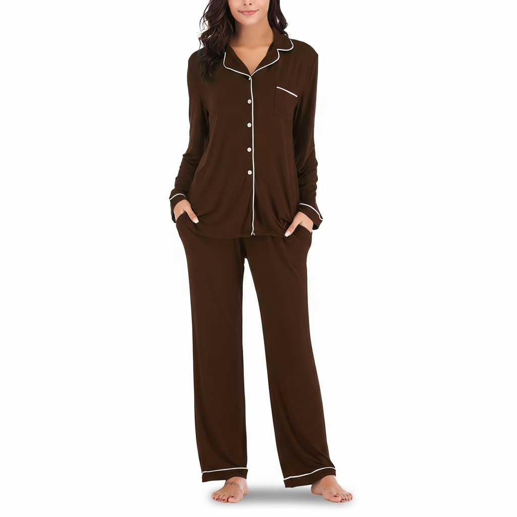 Long Sleeve Button Down Pajama Set Lounge Sleepwear For Women