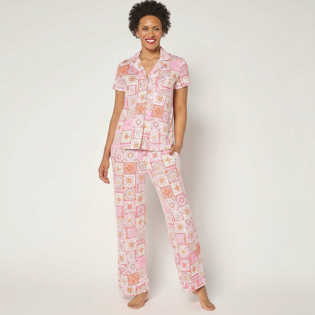 Two Piece Jersey Notch Collar Pajama Set With Short Sleeve Top For Women