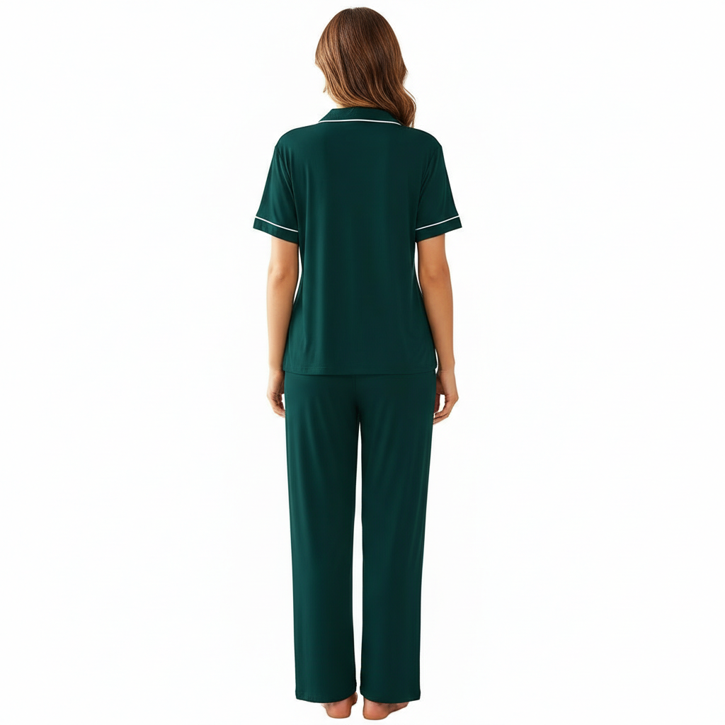 Pajamas Set With Notch Collar Button Down Top And Long Pants For Women