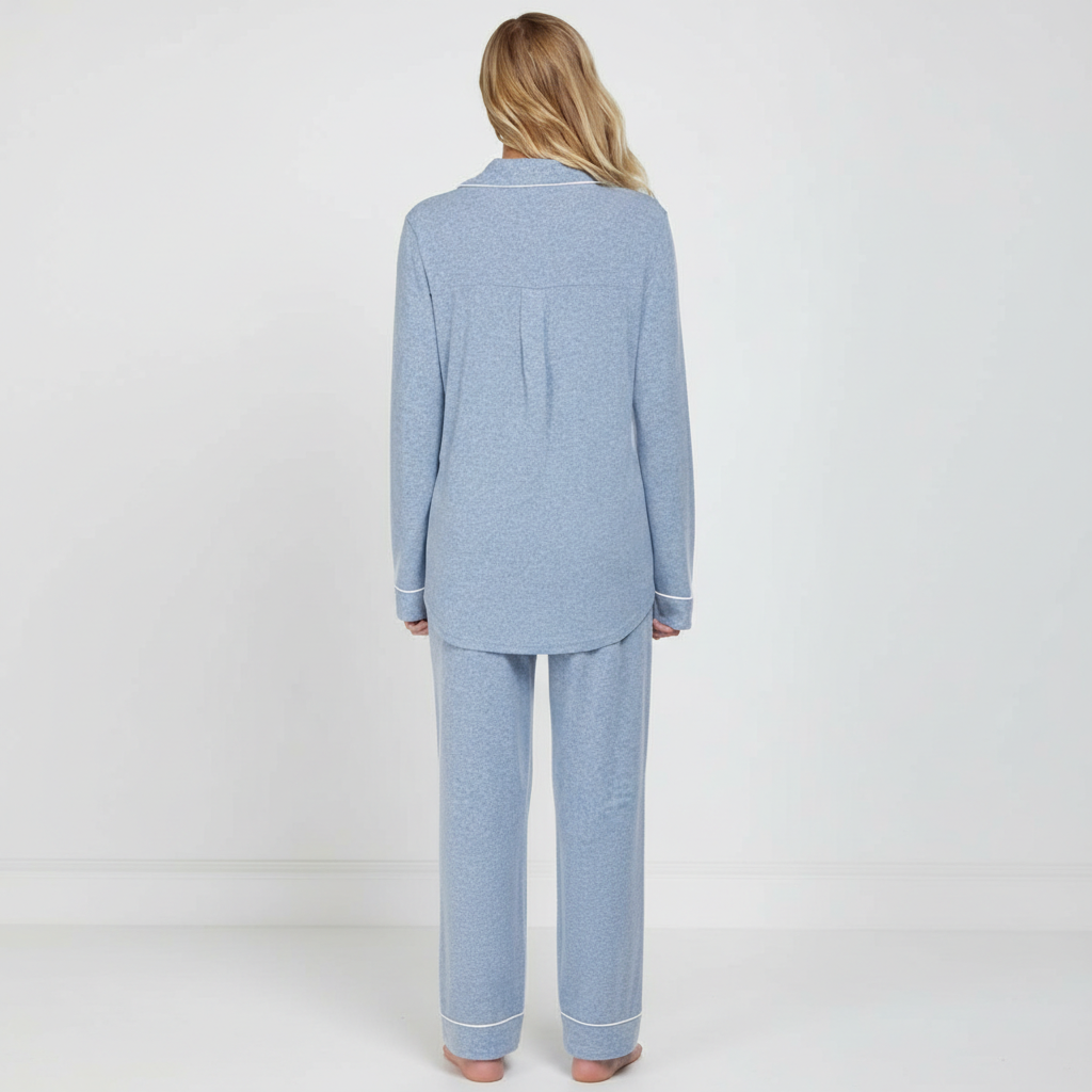 Soft Long Sleeve Pajama Set Button Front Sleepwear For Women