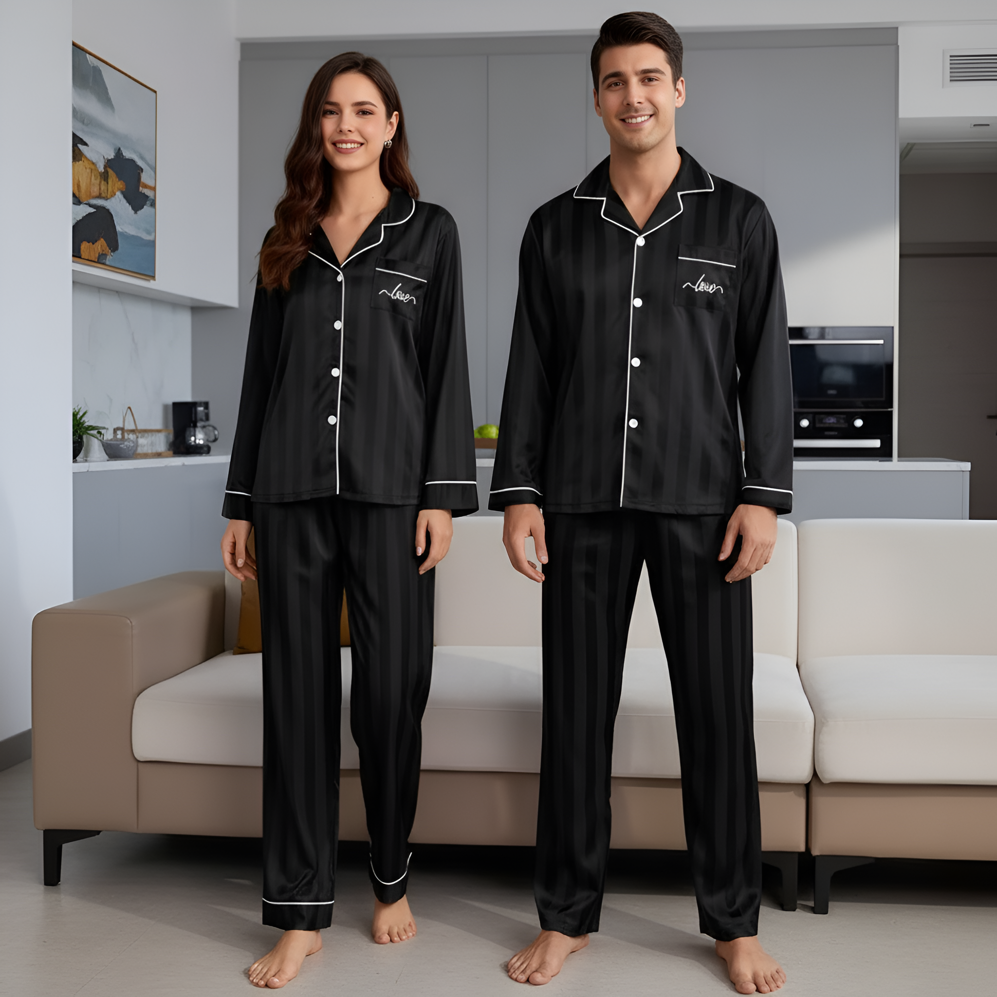 Striped Long Sleeve Button Front Matching Pajama Set For Couple