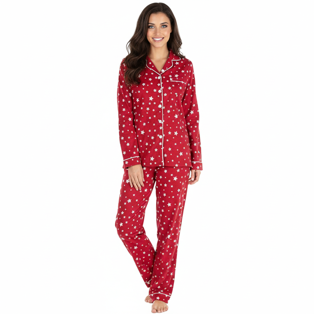 Flannel Button Down Long Sleeve Pajama Set For Women