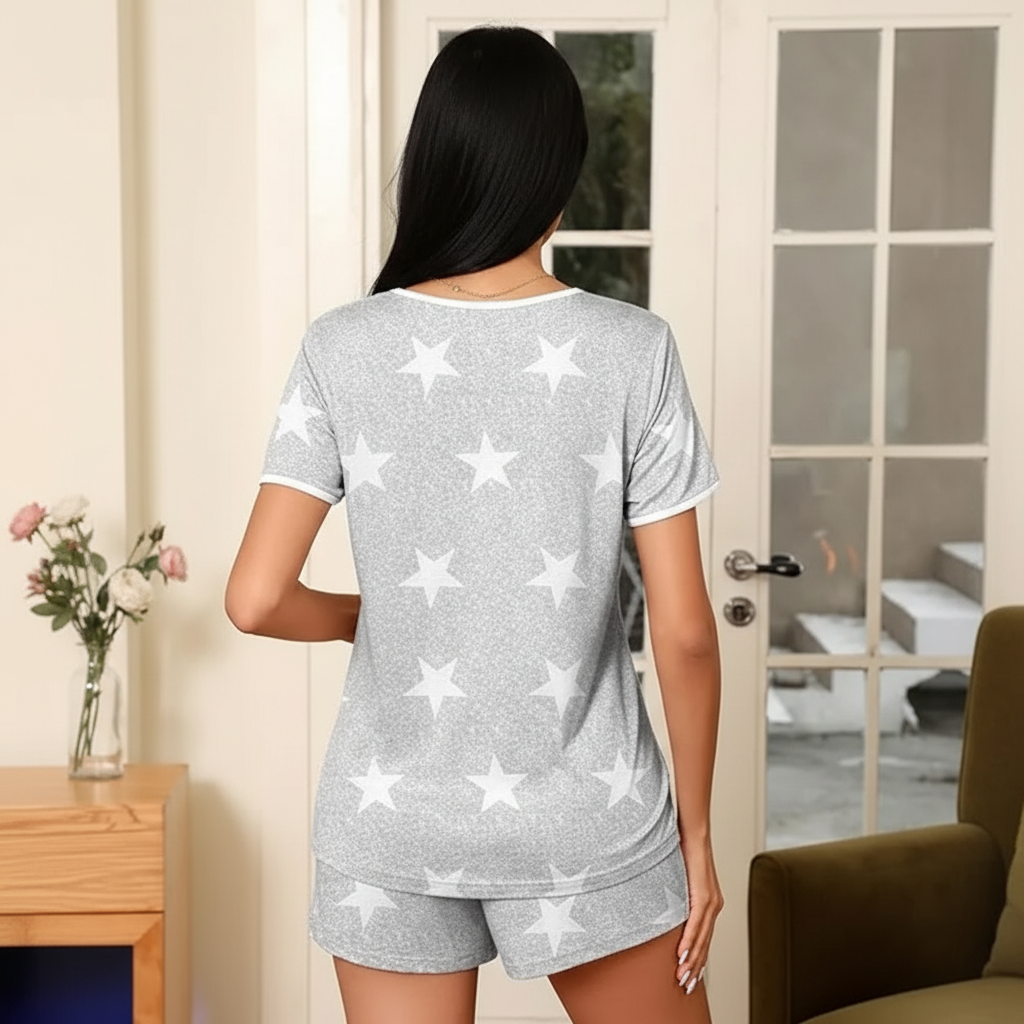 2 Piece Of Lightweight Pajama Set Short Sleeve Lounge Wear For Women