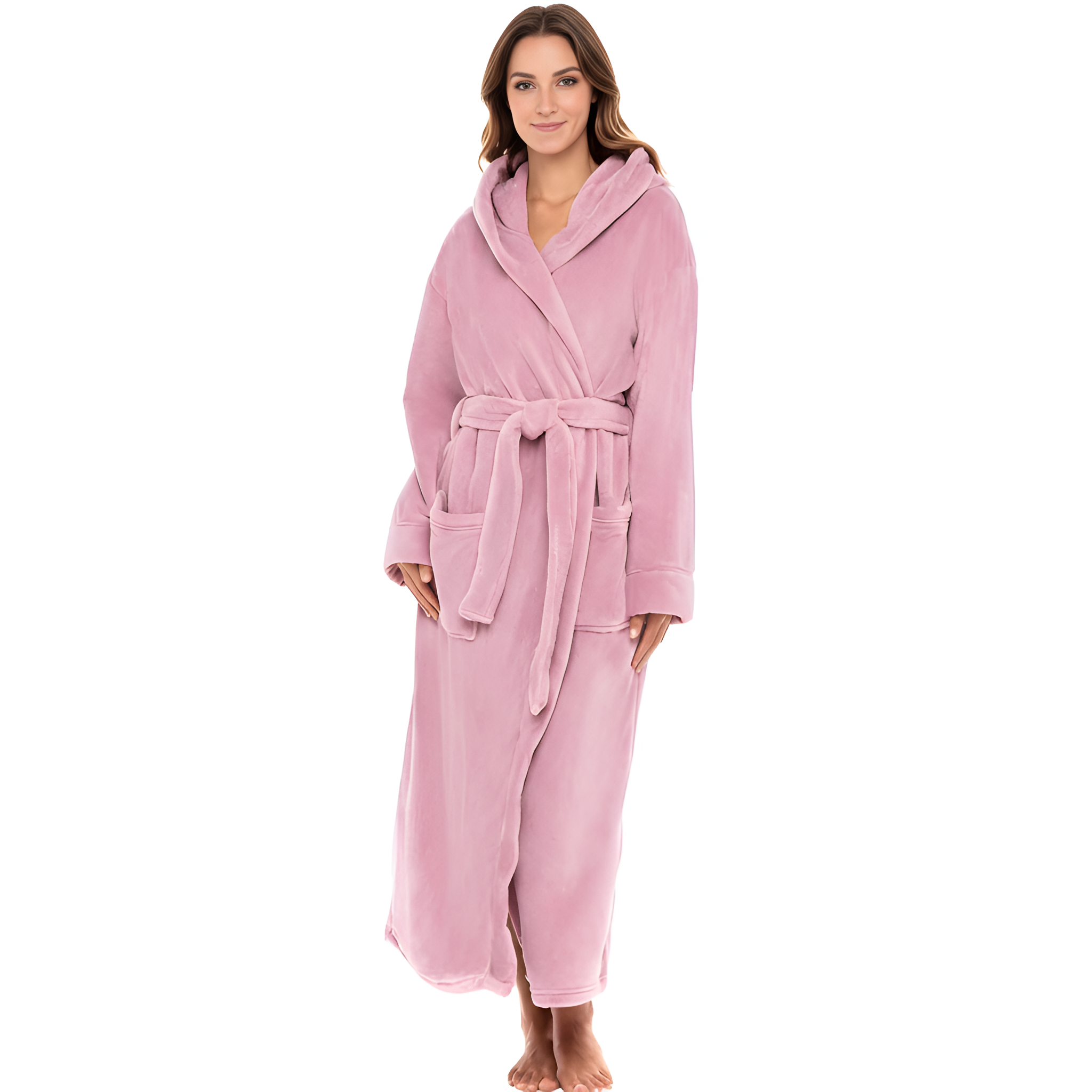 Full Length Hooded Plush Fleece Bathrobe With Belt For Women