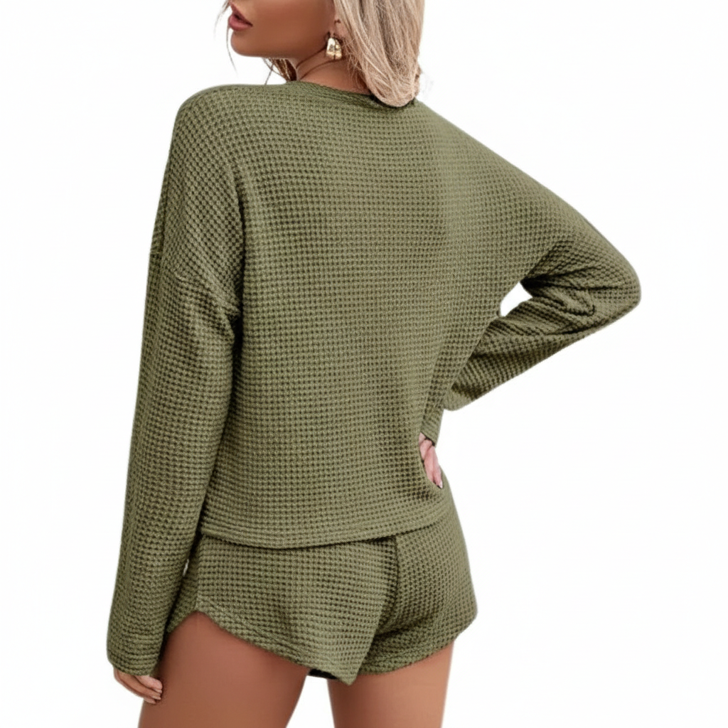 Waffle Knit Two Piece Lounge Set With Long Sleeve Top And Shorts