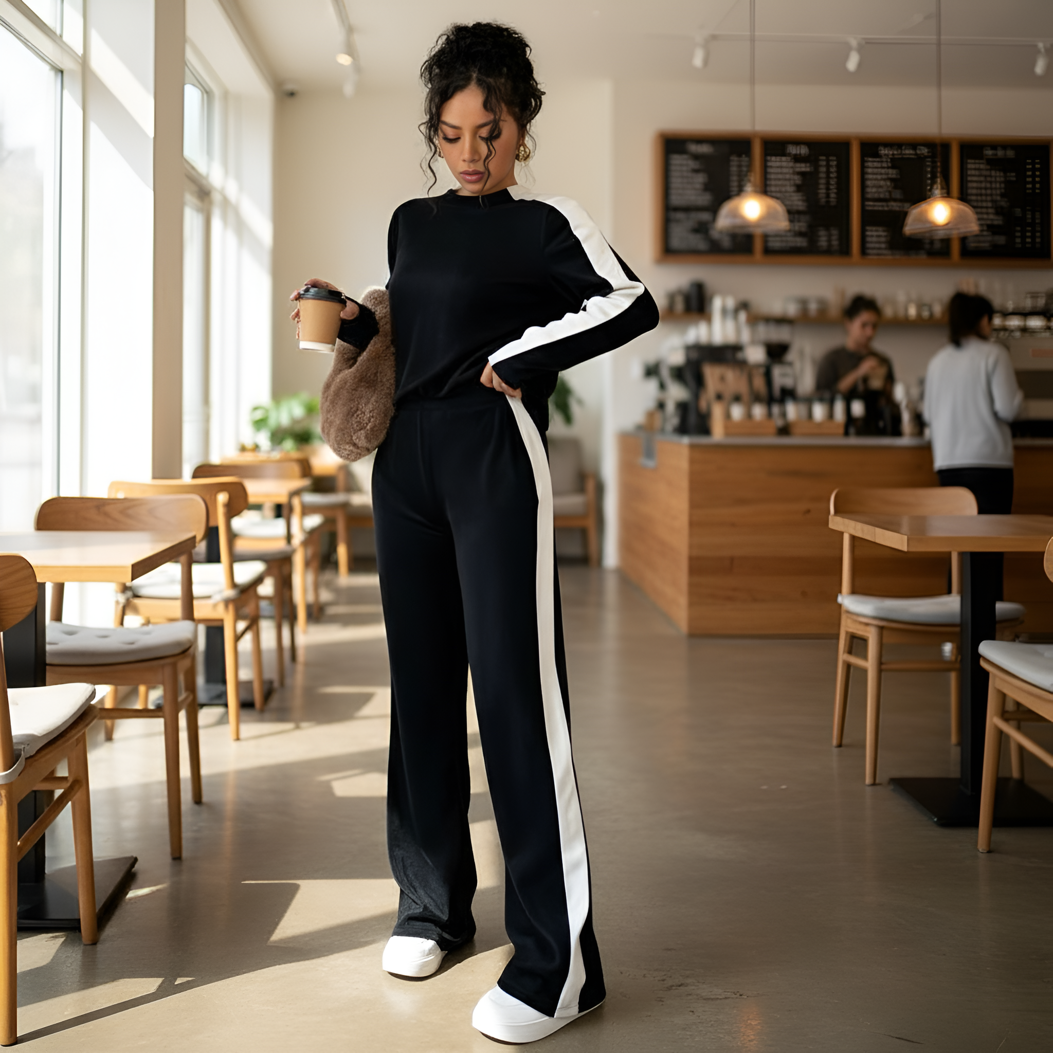 Two Piece Set With Striped Long Sleeve Top And Matching Trousers For Women