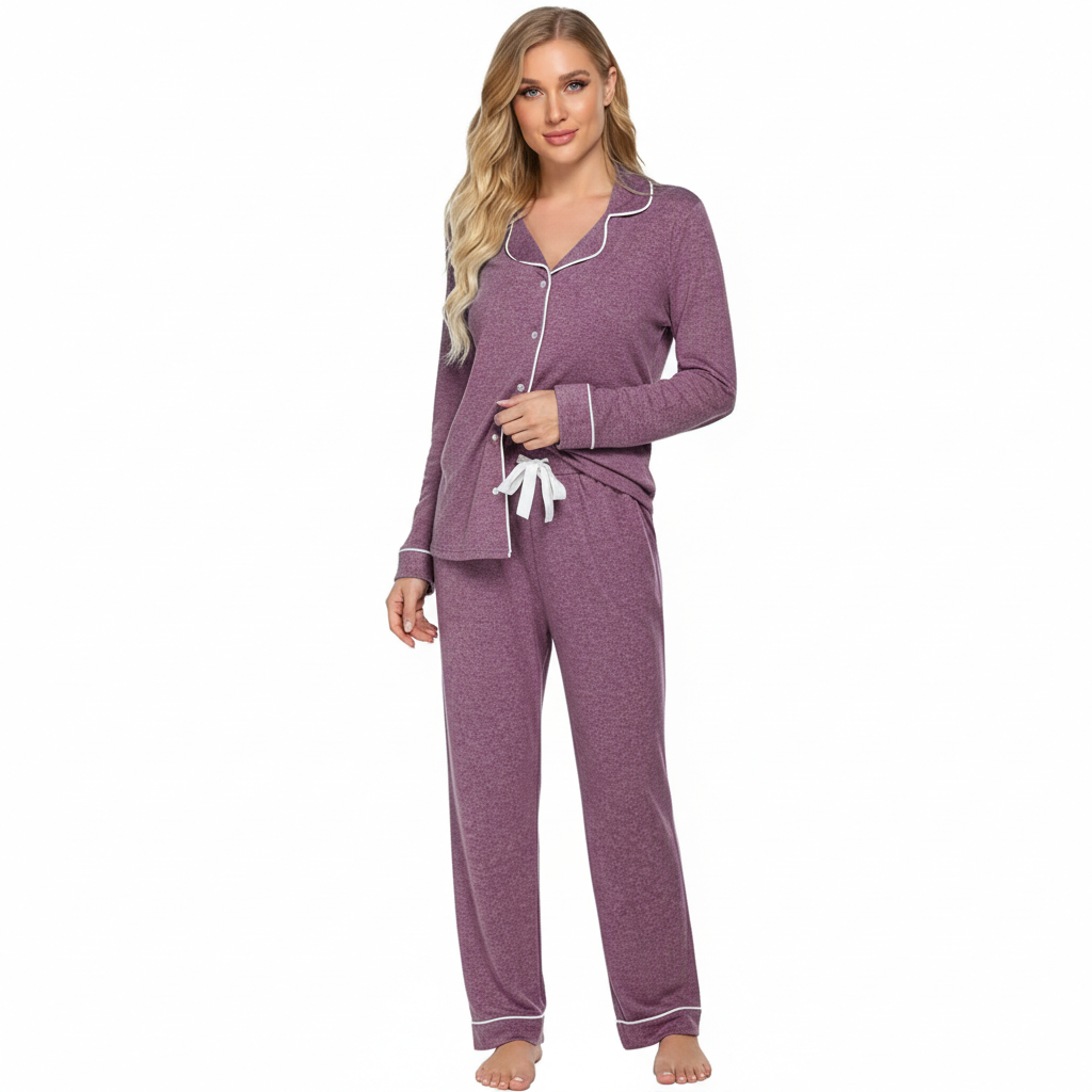 Soft Long Sleeve Pajama Set Button Front Sleepwear For Women
