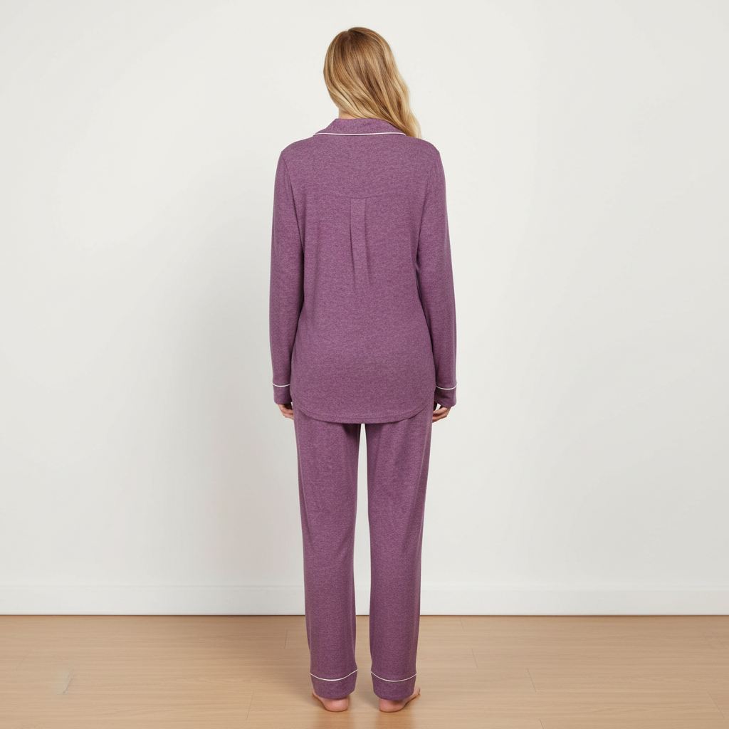 Soft Long Sleeve Pajama Set Button Front Sleepwear For Women