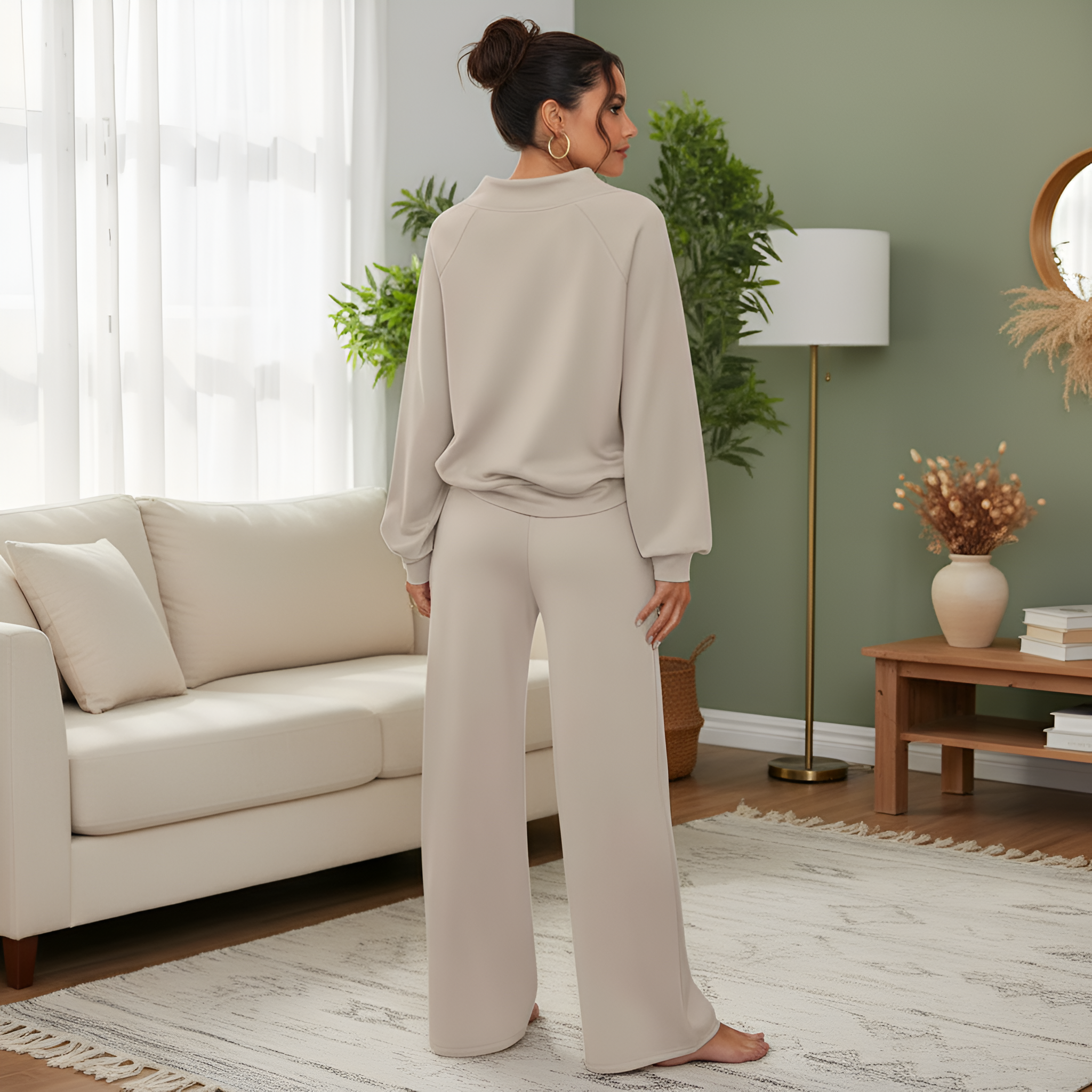 Two Piece Lounge Set With Drawstring Top And Matching Wide Pants For Women