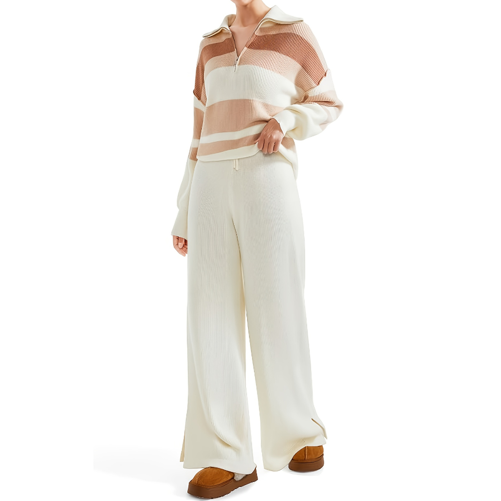 Zip Collar Knit Top Pant Set