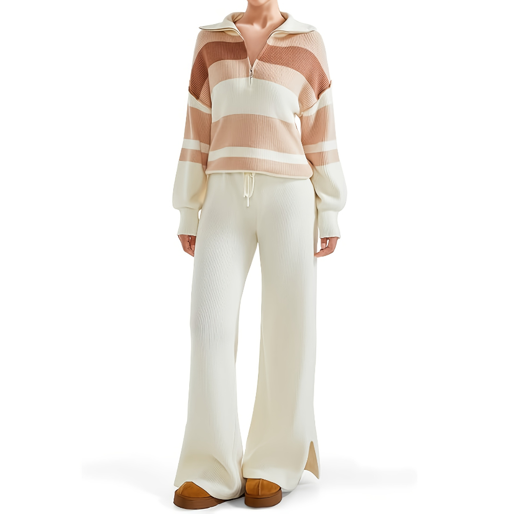 Zip Collar Knit Top Pant Set