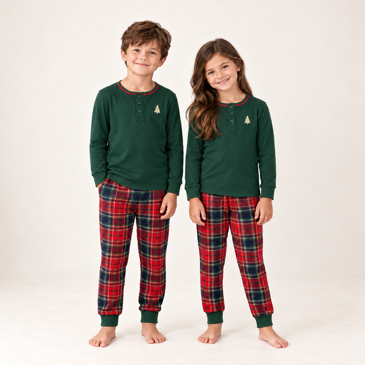 Christmas Family Matching Pajama Set with Green Henley Top and Red Tartan Plaid Pants for Women, Men, Kids, Baby and Dog
