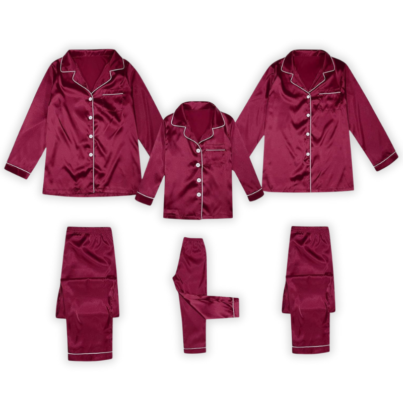 Satin Pajama Set for Family with Long Sleeve Tops and Pants