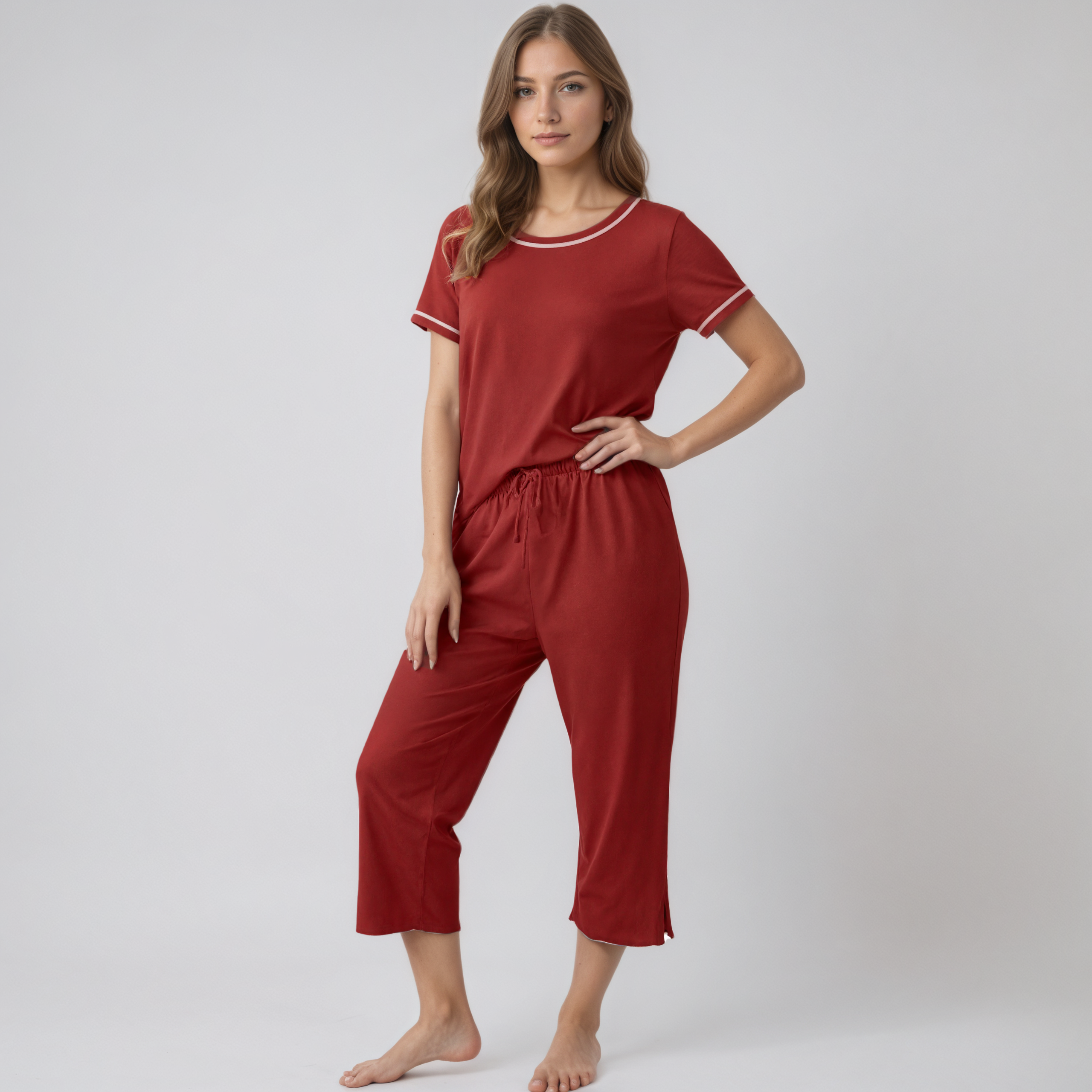 Capri Bottom Pajama Set With Short Sleeve