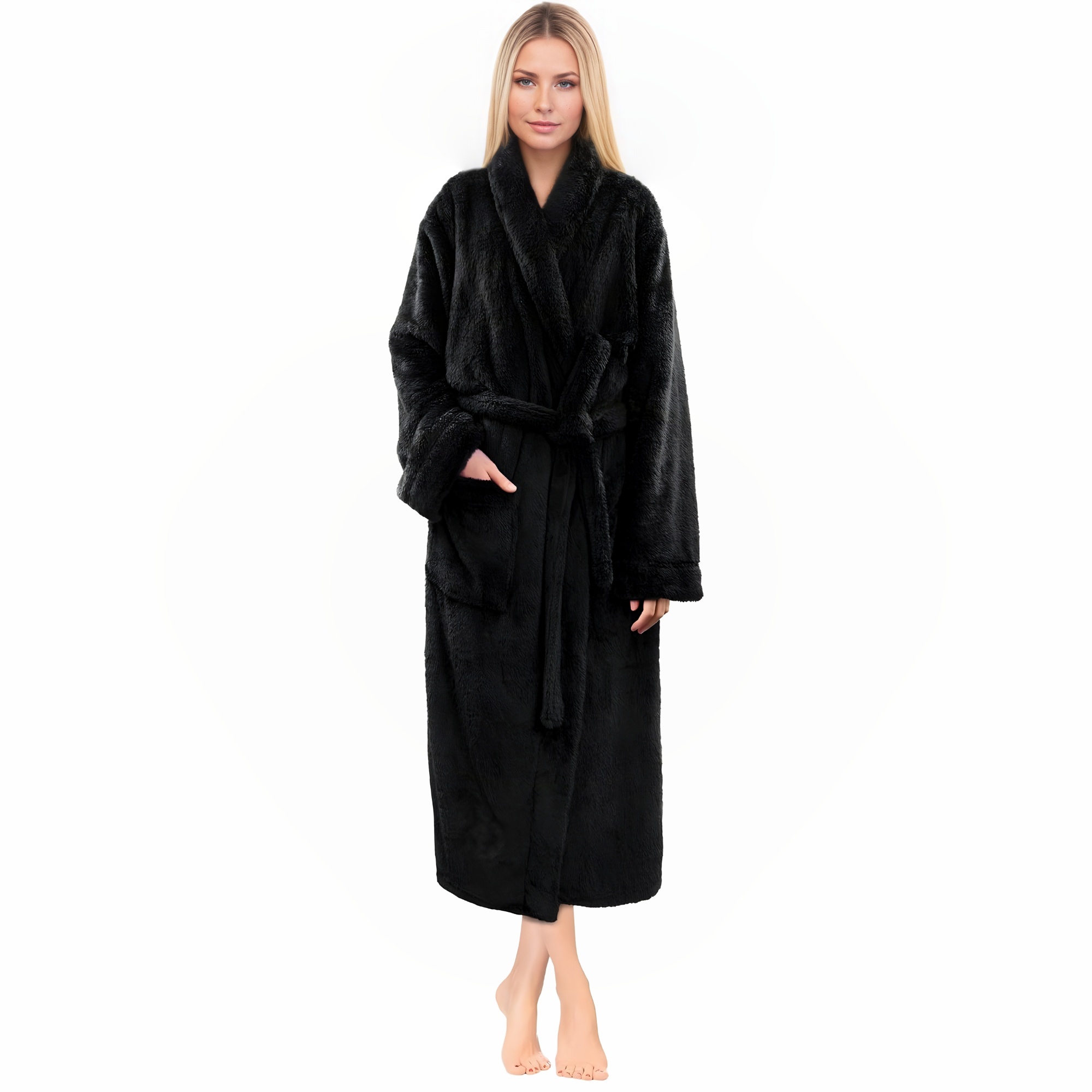 Plush Fleece Sherpa Style Long Bath Robe With Side Pockets For Women
