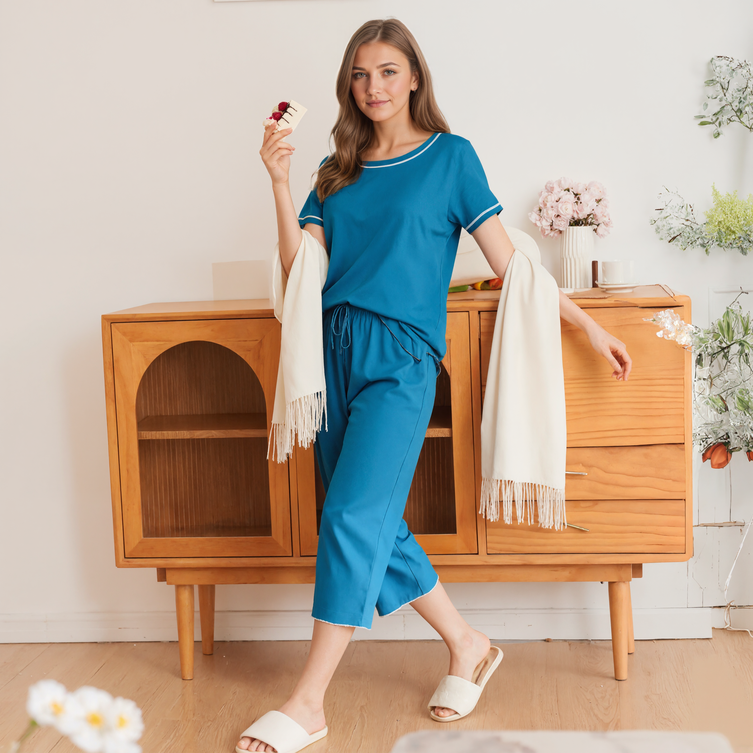 Capri Bottom Pajama Set With Short Sleeve