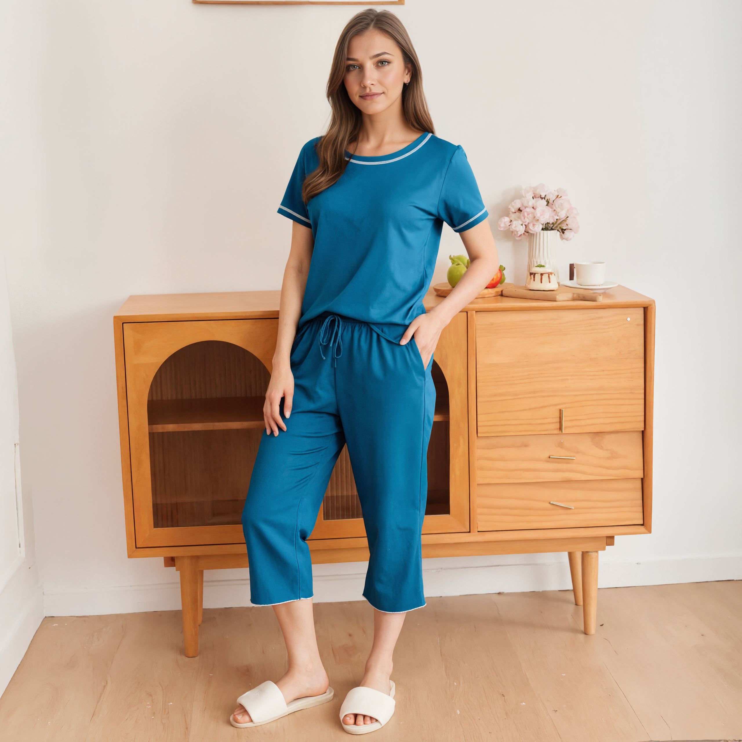 Capri Bottom Pajama Set With Short Sleeve