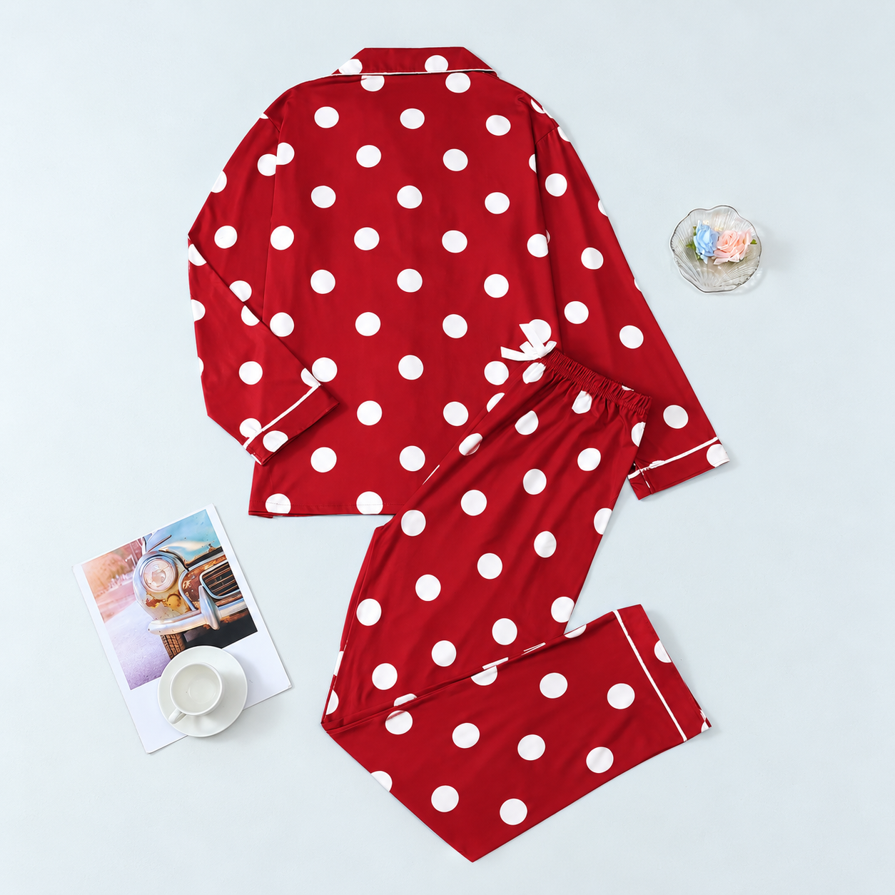 Polka Dot Print Long Sleeve Button Down Shirt And Pants Pajama Set For Women