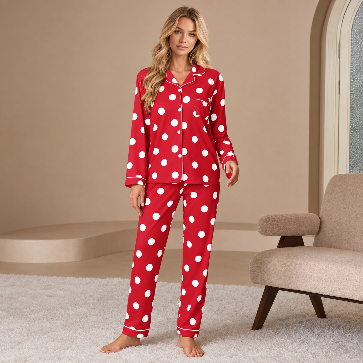 Polka Dot Print Long Sleeve Button Down Shirt And Pants Pajama Set For Women